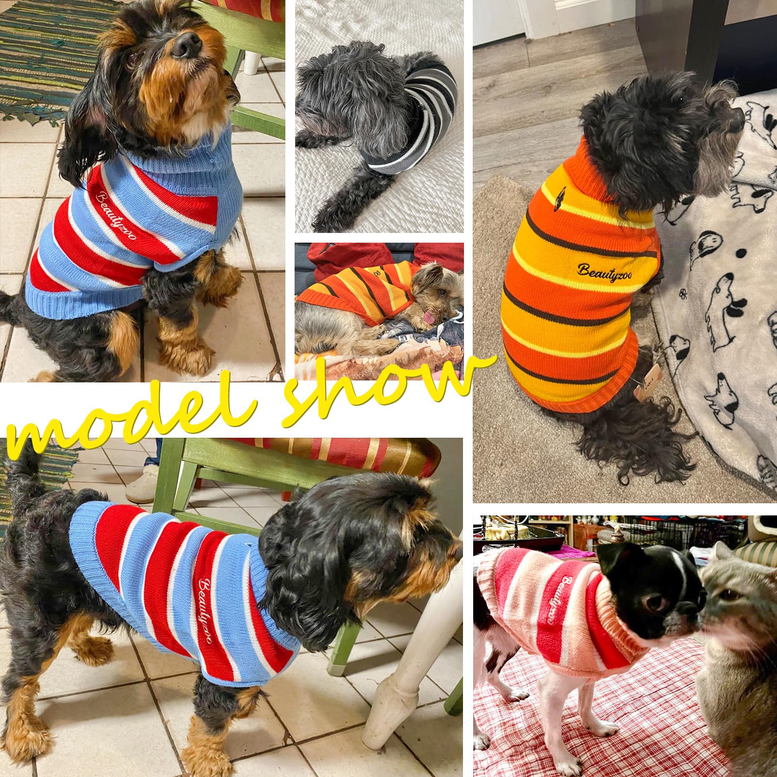 Beautyzoo Small Dog Sweater- Striped Pet Sweaters For Fall Winter Dog Clothes, Turtleneck Pullover Cable Knitwear For Small Medi