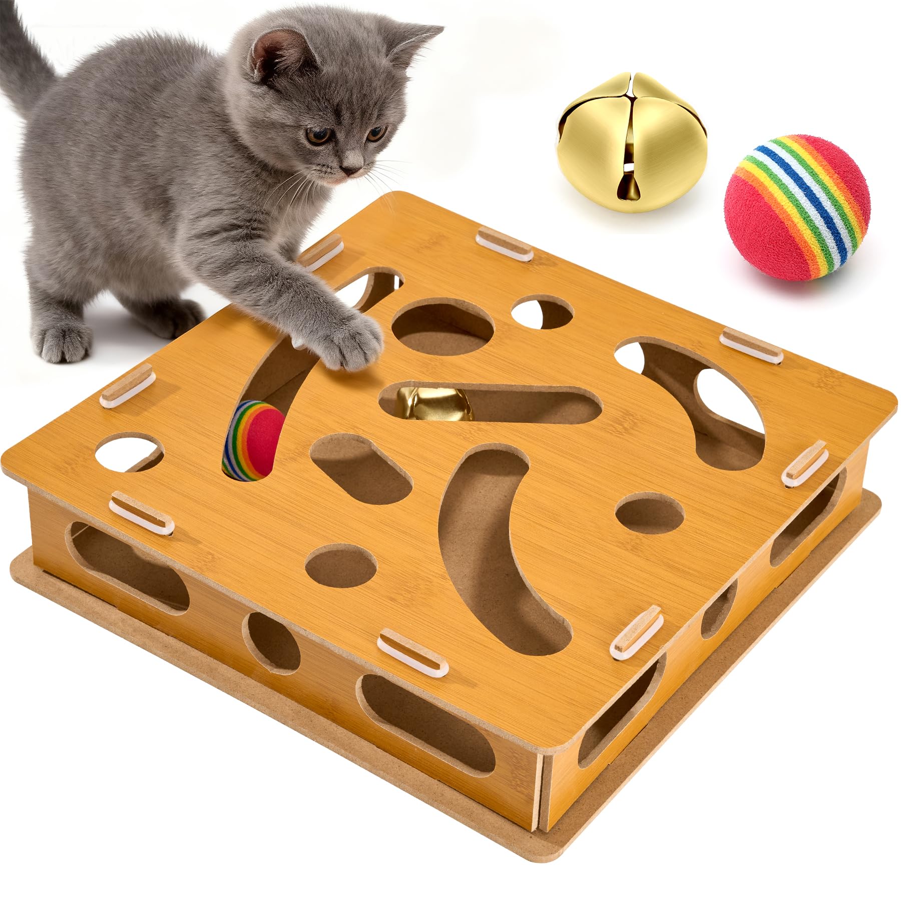 Bininl Interactive Wooden Cat Puzzle Toy with Ball and Bell,Indoor Hunting Play Toy to Stimulate Your Cats Energy and Instincts,