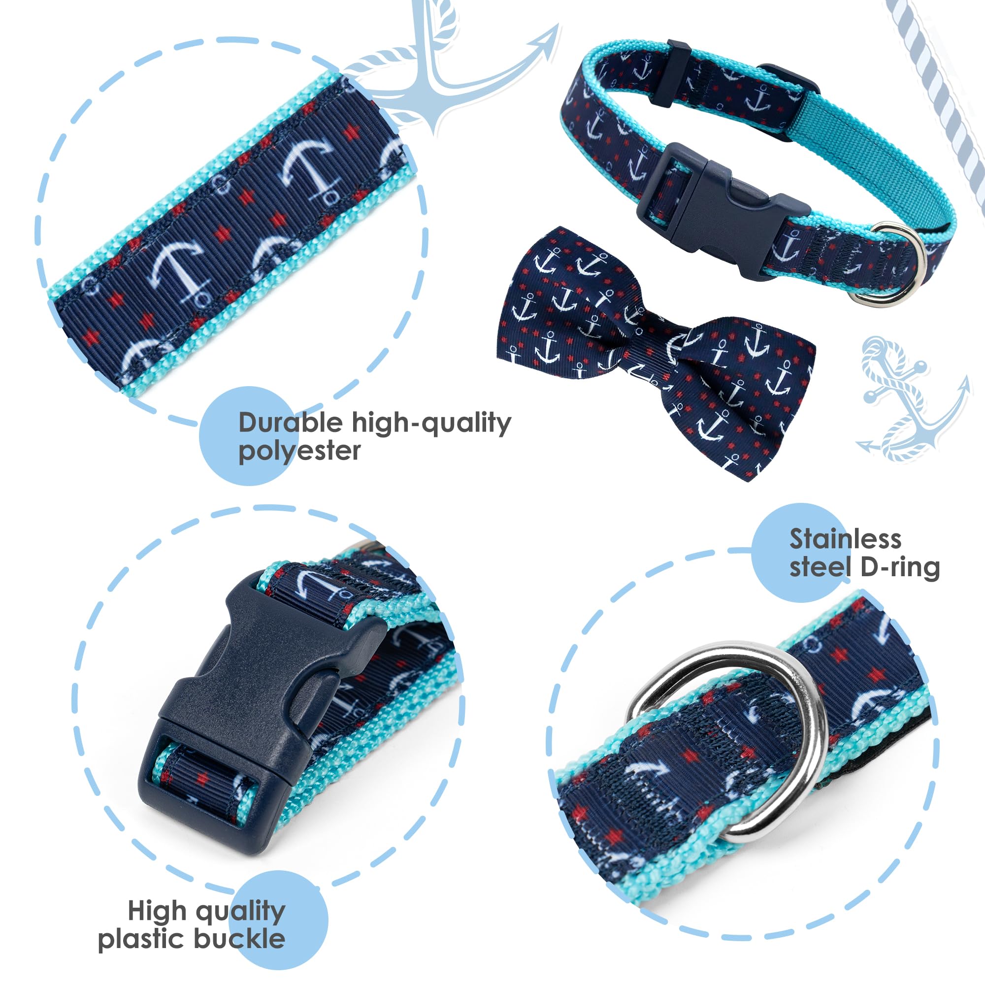 Azuza Anchor Dog Collar With Bow Tie, Soft And Comfortable Adjustable Bowtie For Small Dogs