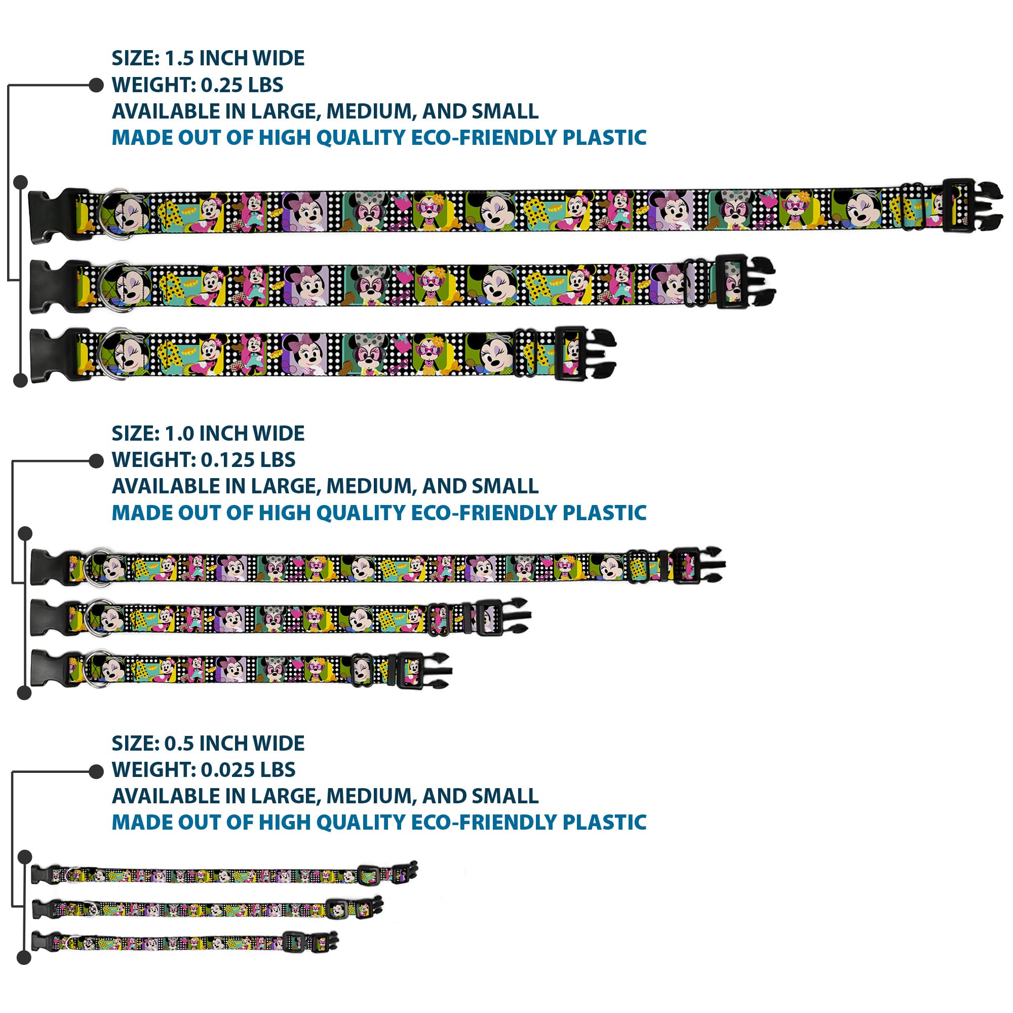 Buckle-Down Plastic Clip Collar - Mini Minnie Fashion Poses/Polka Dot Black/White/Multi Color - 1.5 Wide - Fits 13-18 Neck - Sma