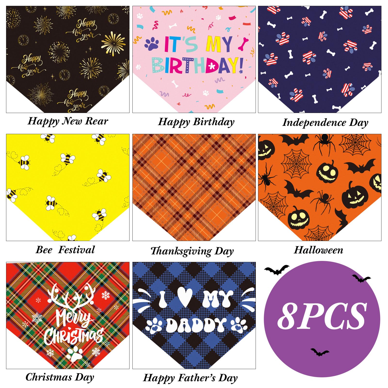 Saintrygo 8 Packs Fall Dog Bandanas Holiday Halloween Christmas Birthday Scarf Adjustable Pet Scarf Pet Bandana for Small Medium