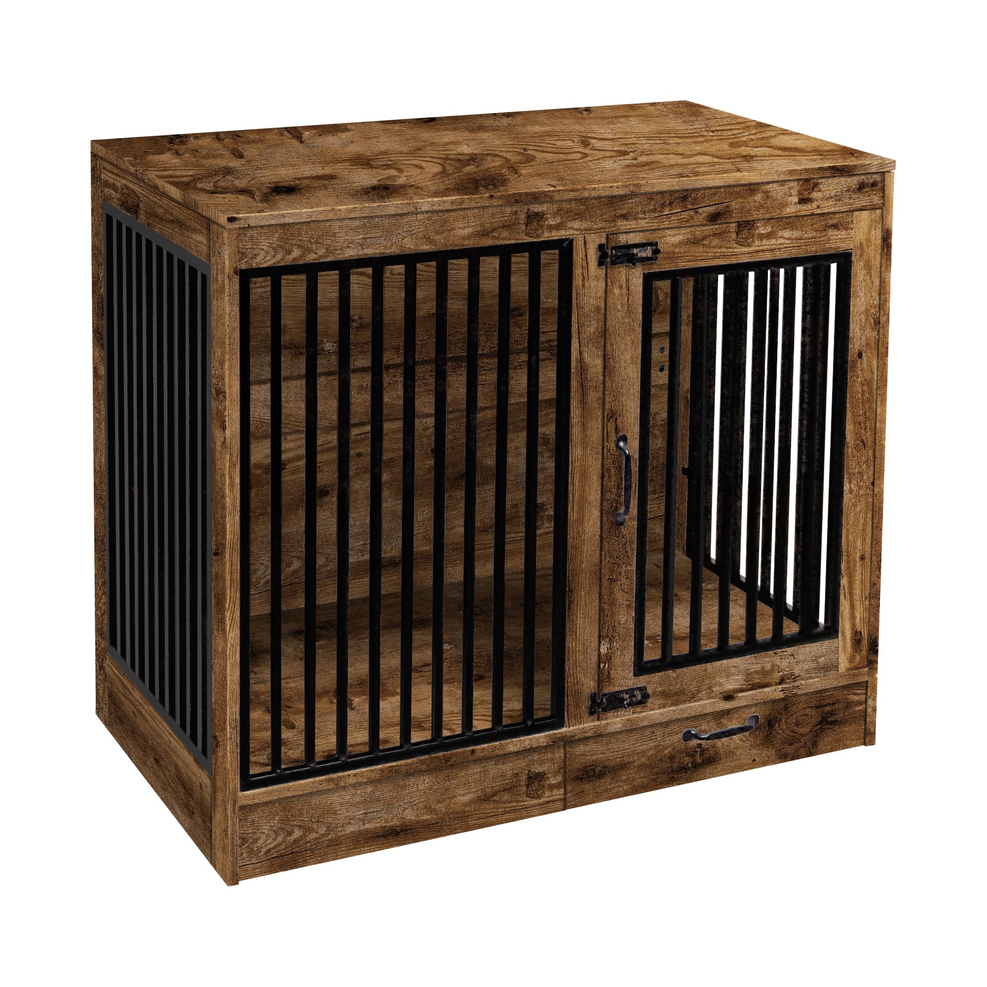 Yookare Rustic Brown Heavy Duty Furniture Dog Crate, Wood And Metal Kennel Cage, Pet House End Table With Drawer And Pull-Out De