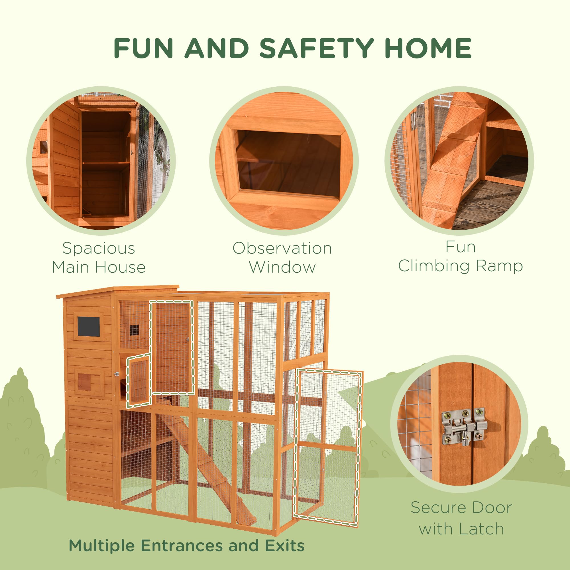 Pawhut Catio Outdoor Cat Enclosure, Wooden Cat Patio Cat Window Box With Platforms, Waterproof Asphalt Roof, Ramps, 77' L, Natural