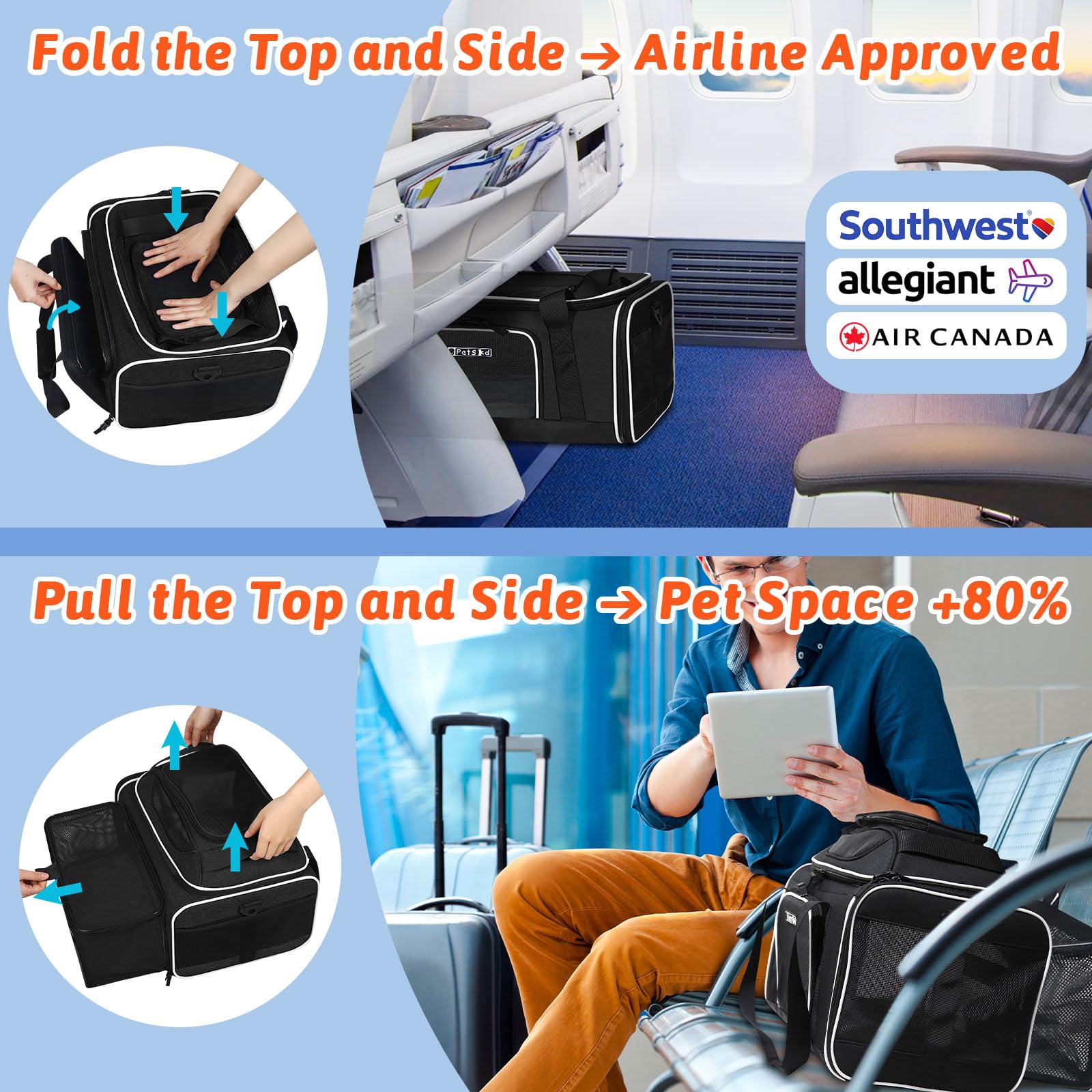 Petskd Expandable Pet Carrier for Small Cats and Dogs, 18x13x9.5", Black, Soft-Sided, Airline Approved with Safety Zippers
