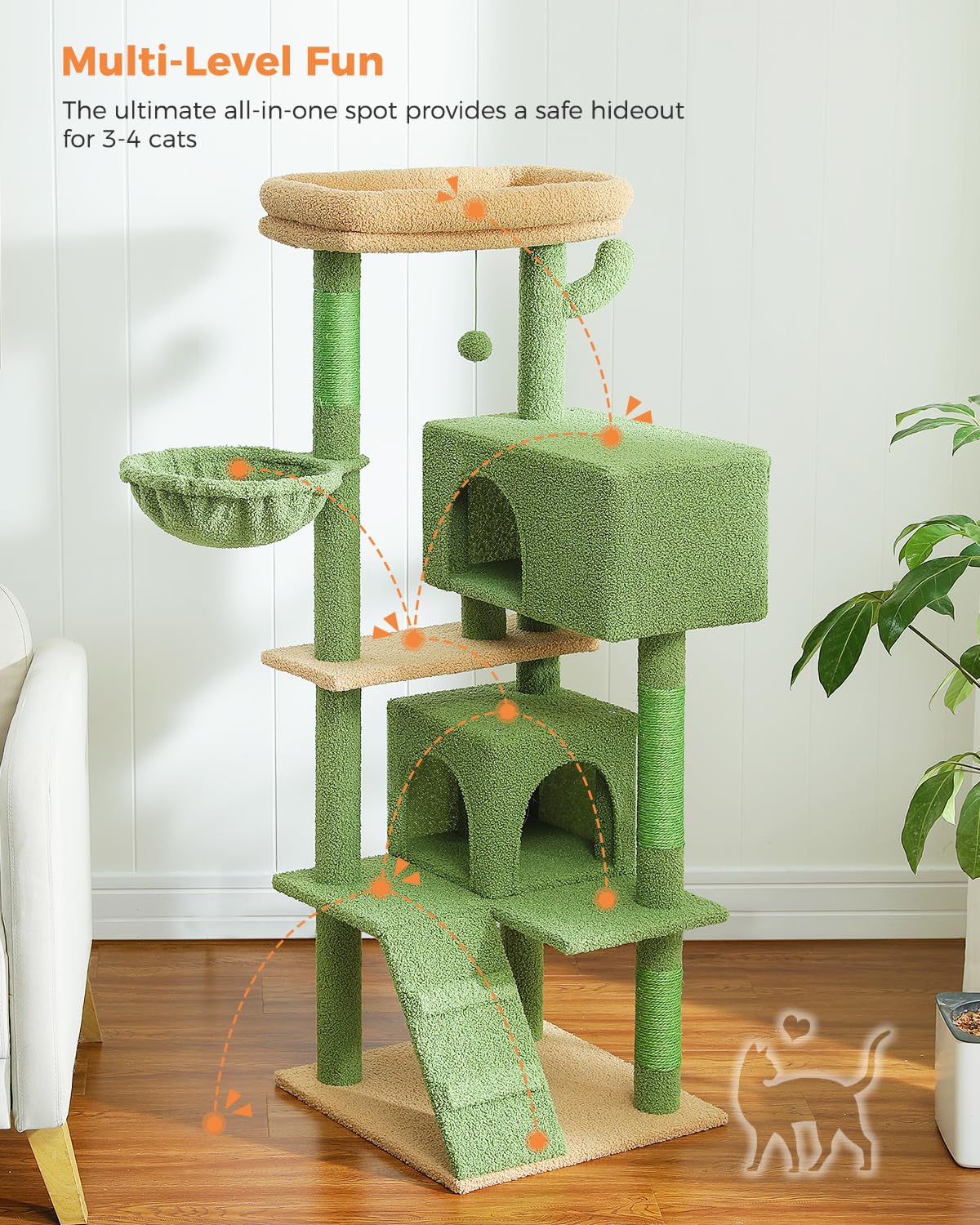 Muttros Cactus Cat Tree For Adult Cats With Super Large Top Perch, 56.3'' Cat Tower For Cats With Plush Hammock, Dangling Pompom