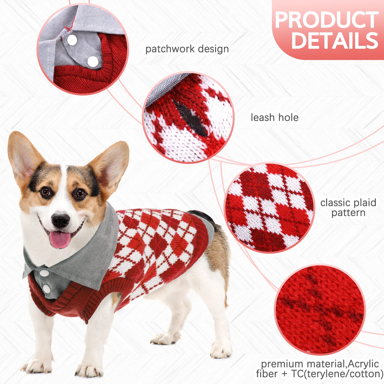 Kuoser Plaid Dog Sweater Warm Clothes, Patchwork Design Pet Dog Knitwear Classic Pullover Puppy Coat Cold Weather Sweatshirts Wi