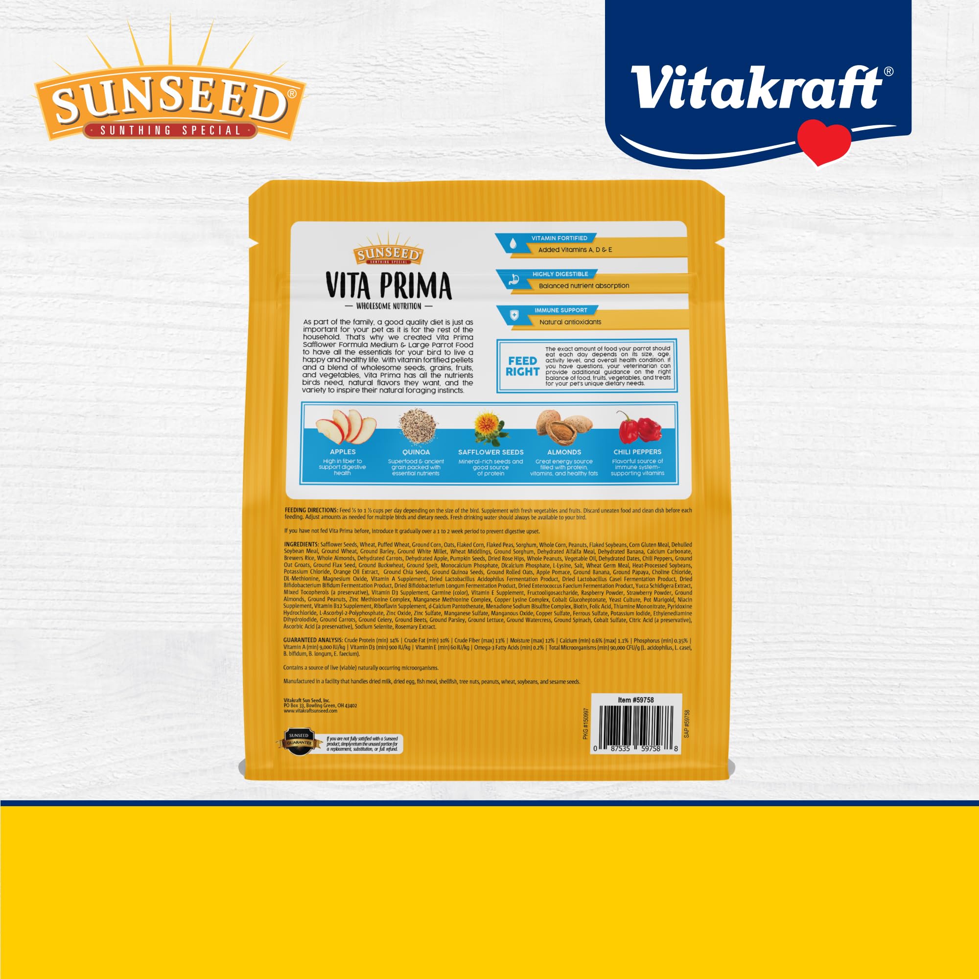 Sunseed Vita Prima Wholesome Nutrition Safflower Formula Large Parrot Food, 4 LBS, Model Number: 59758