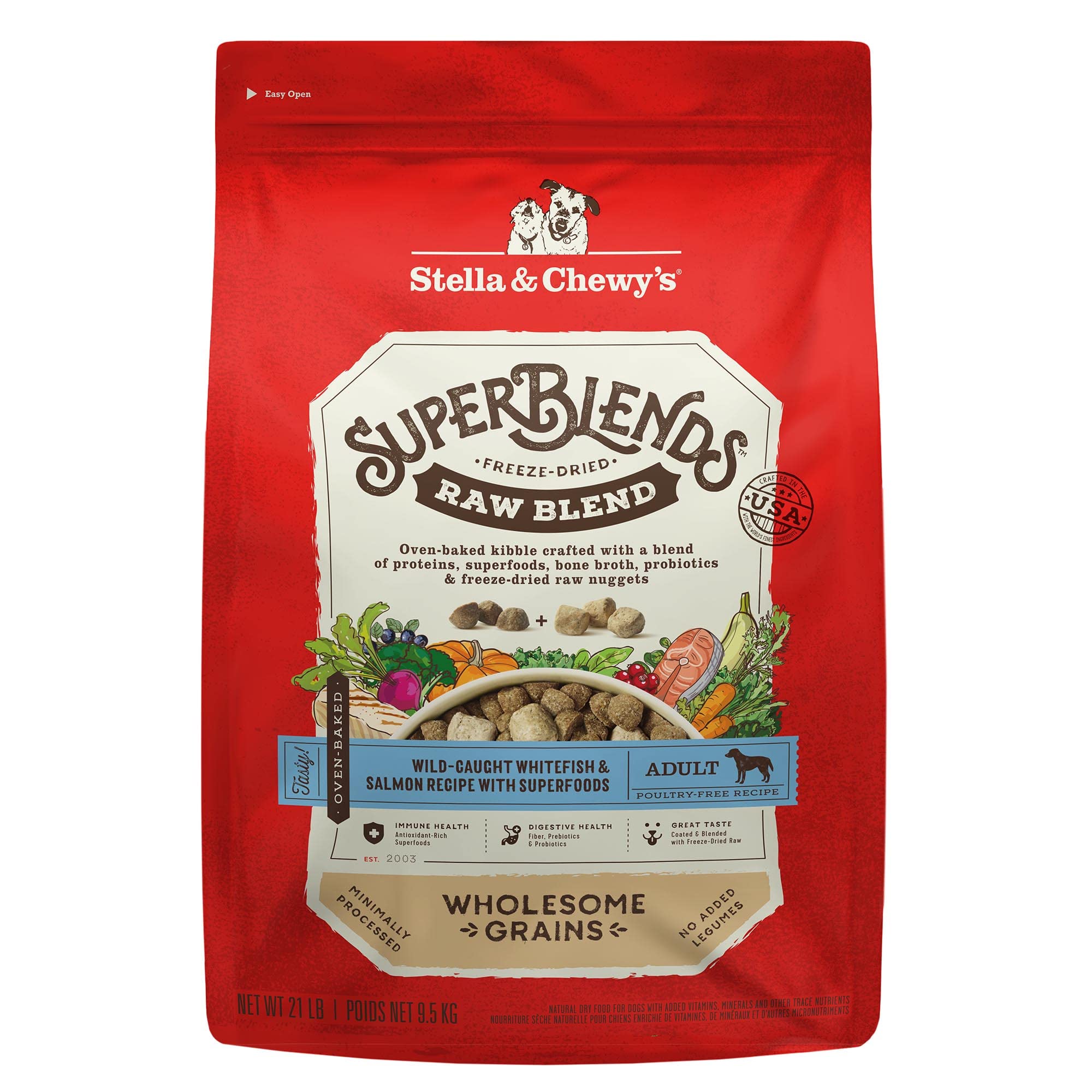 Stella & Chewys SuperBlends Raw Blend Wholesome Grains Wild-Caught Whitefish & Salmon Recipe with Superfoods, 21 lb. Bag