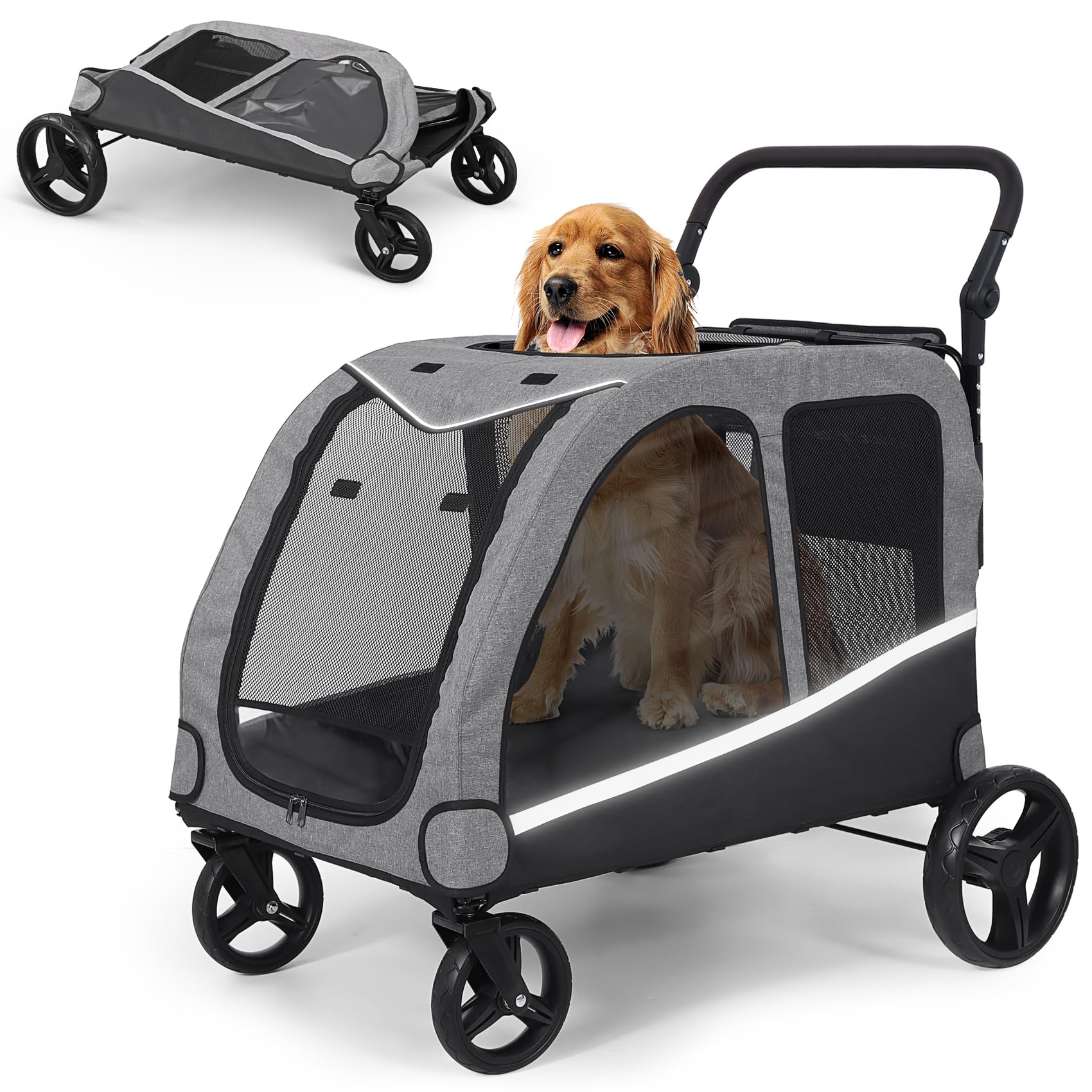 Saudism Extra Large Pet Stroller for Medium & Large Dogs - Foldable Design, Adjustable Handle, Up to 160 lbs