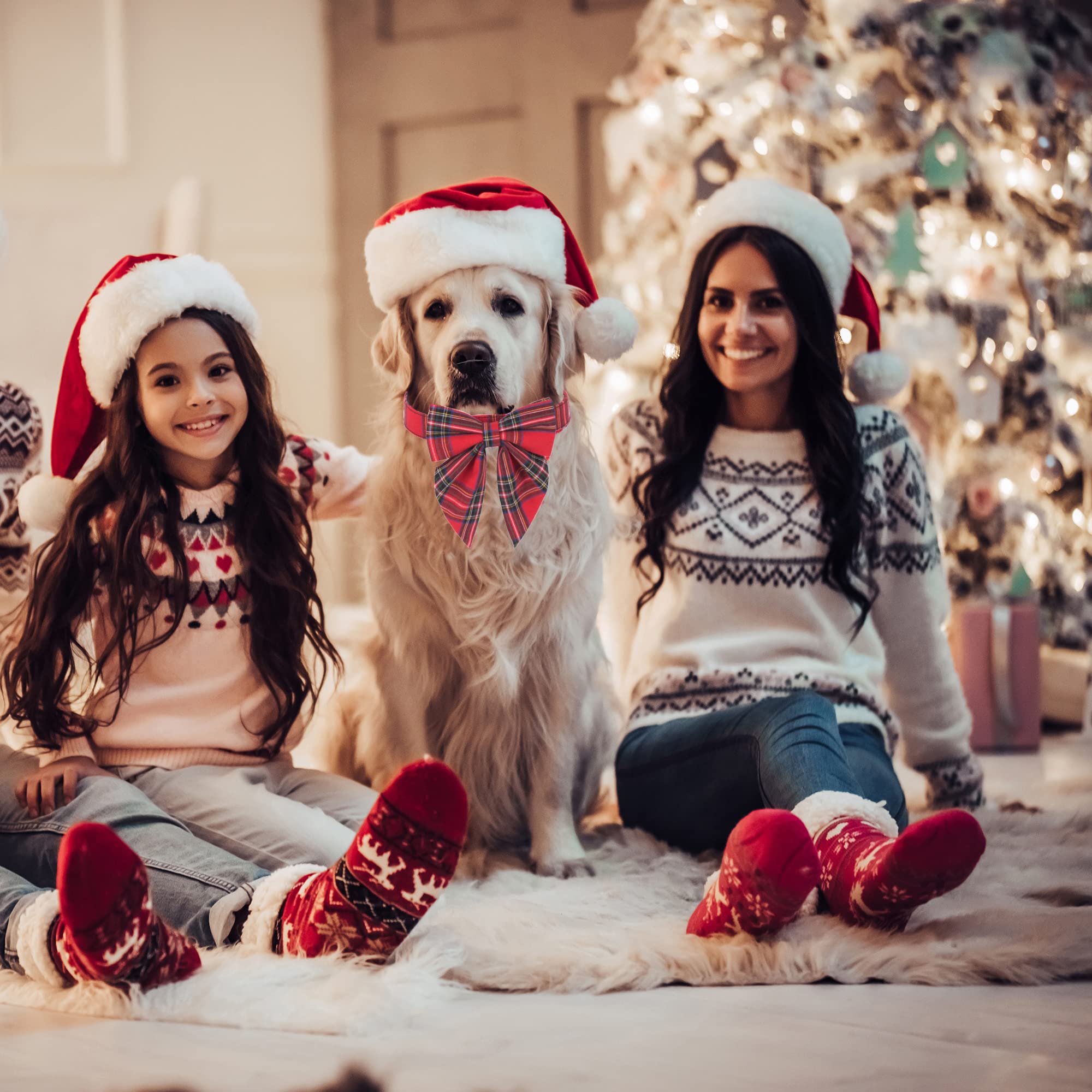 Adoggygo Christmas Dog Collar With Bow, Adjustable Cotton Red Plaid Bowtie Dog Christmas Collars For Small Medium Large Dogs Pets (Medium, Xmas)