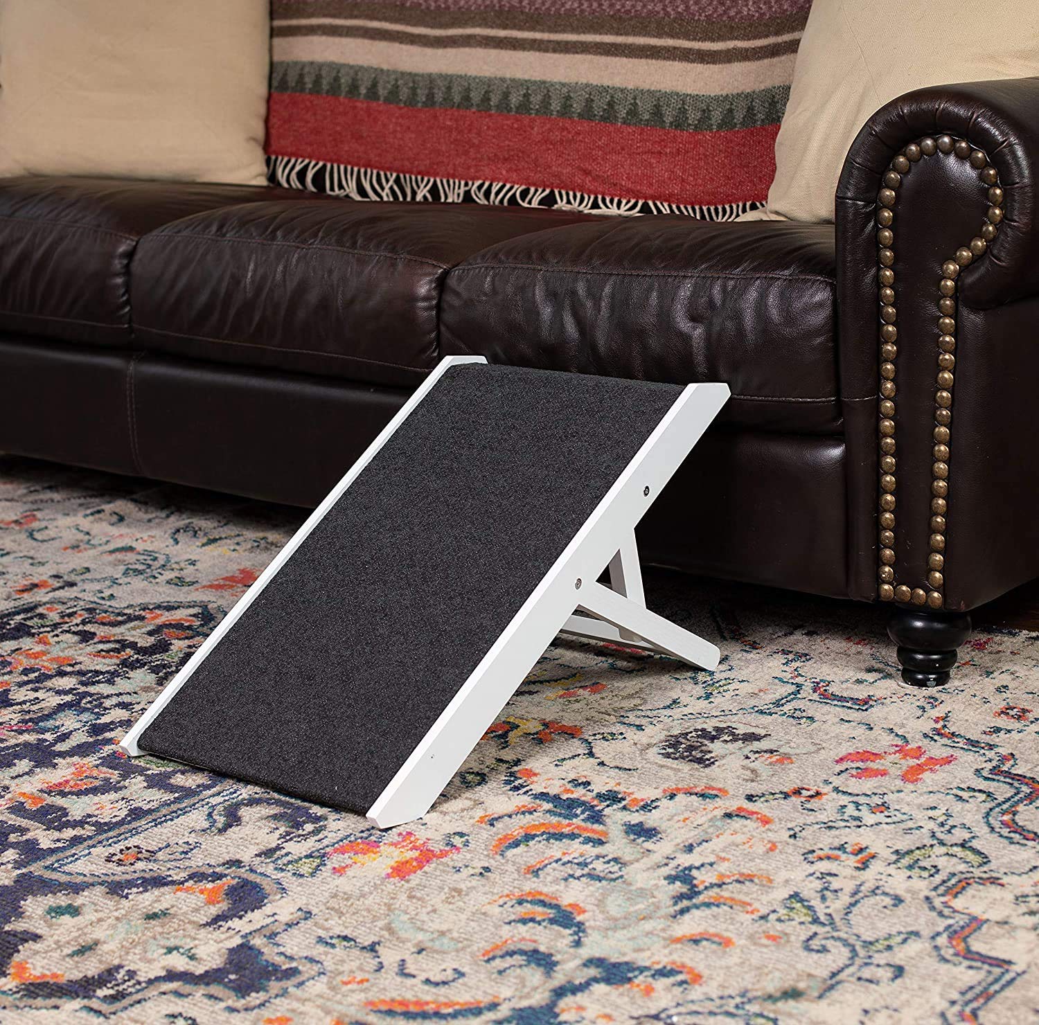 BIRDROCK HOME Adjustable Dog Ramp for Low Beds - White Wooden Folding Ramp for Small Dogs - 13" Paw Friendly Grip