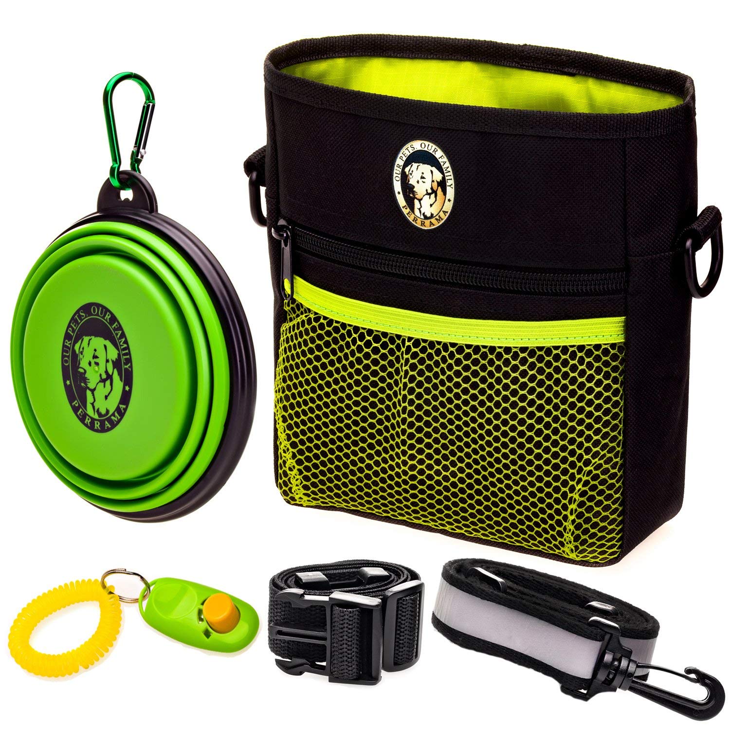 Dog Treat Pouch - Premium Training Treat Bag with Clicker and Collapsible Bowl for Dogs, Adjustable Waist and Shoulder Reflectiv