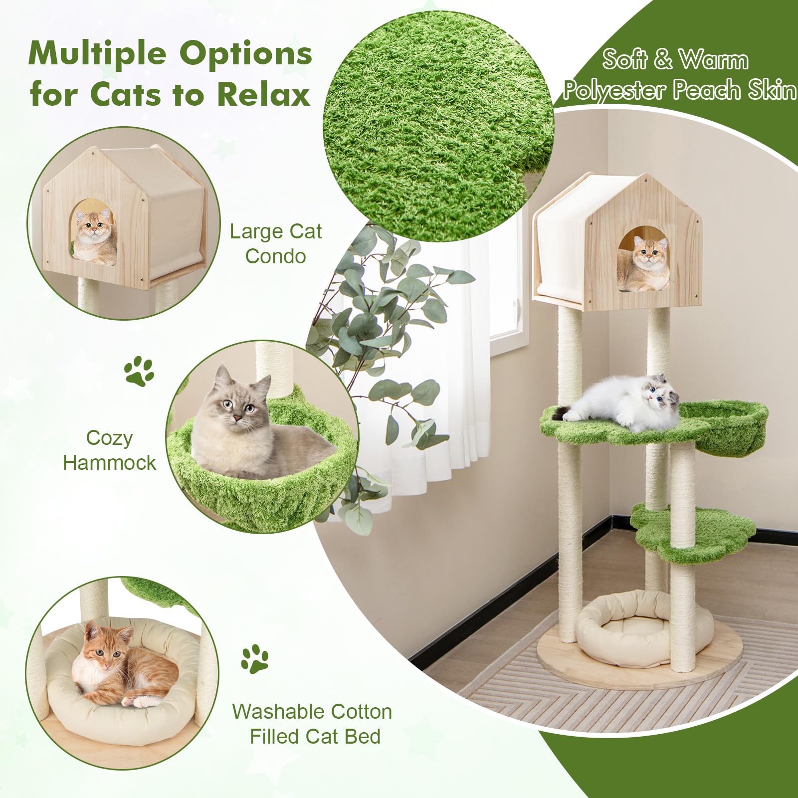 Tangkula Cat Tree Tower, Multi-Level Modern Wood Cat Tower With Sisal Scratching Posts, Jumping Platforms, Perch, Hammock, Cute Cat Condo, Tall Cat Tree For Indoor Cats Large Adult (55 Inch)