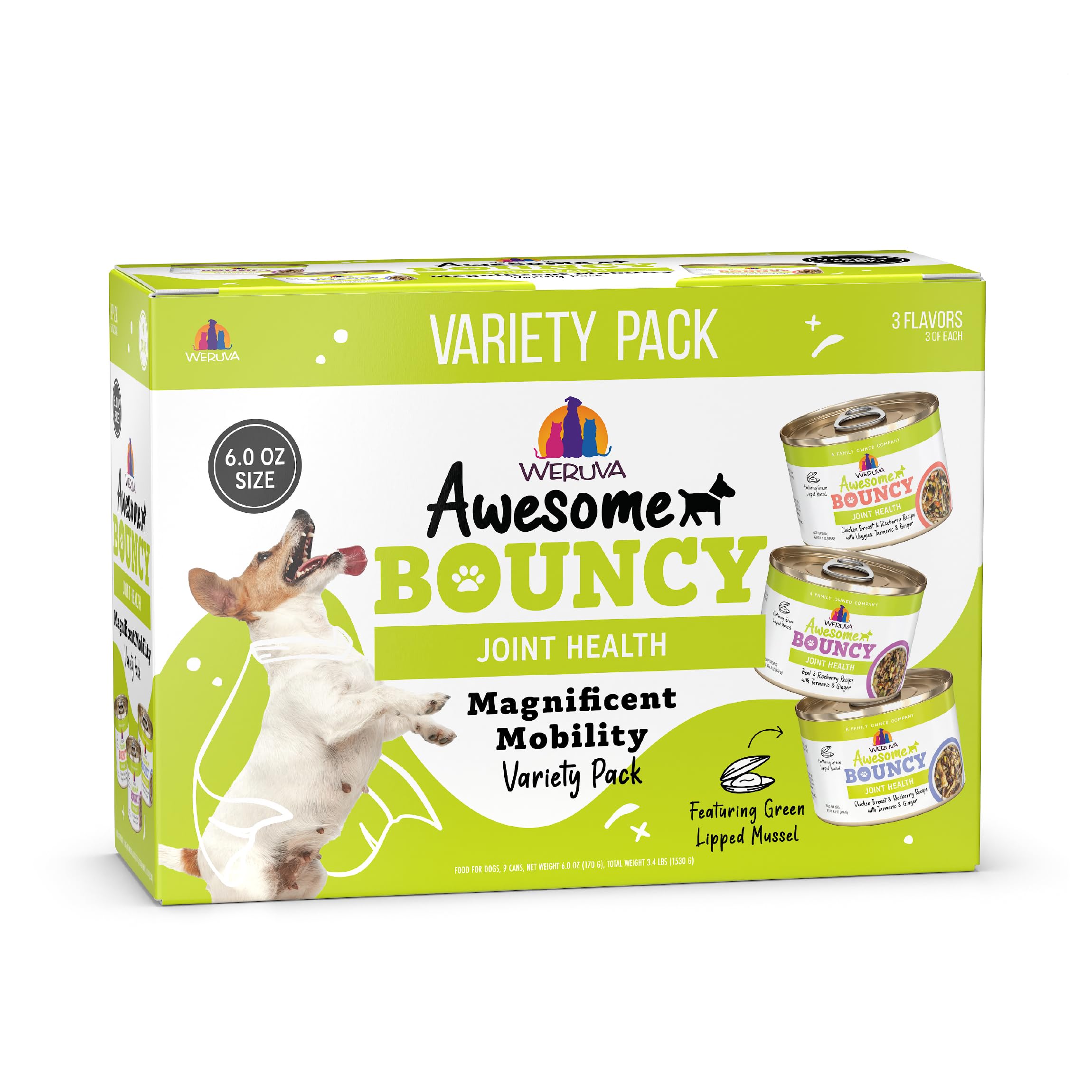 Weruva Awesome Bouncy Wet Dog Food, Magnificent Mobility Variety Pack, 6oz Can (Pack of 9)