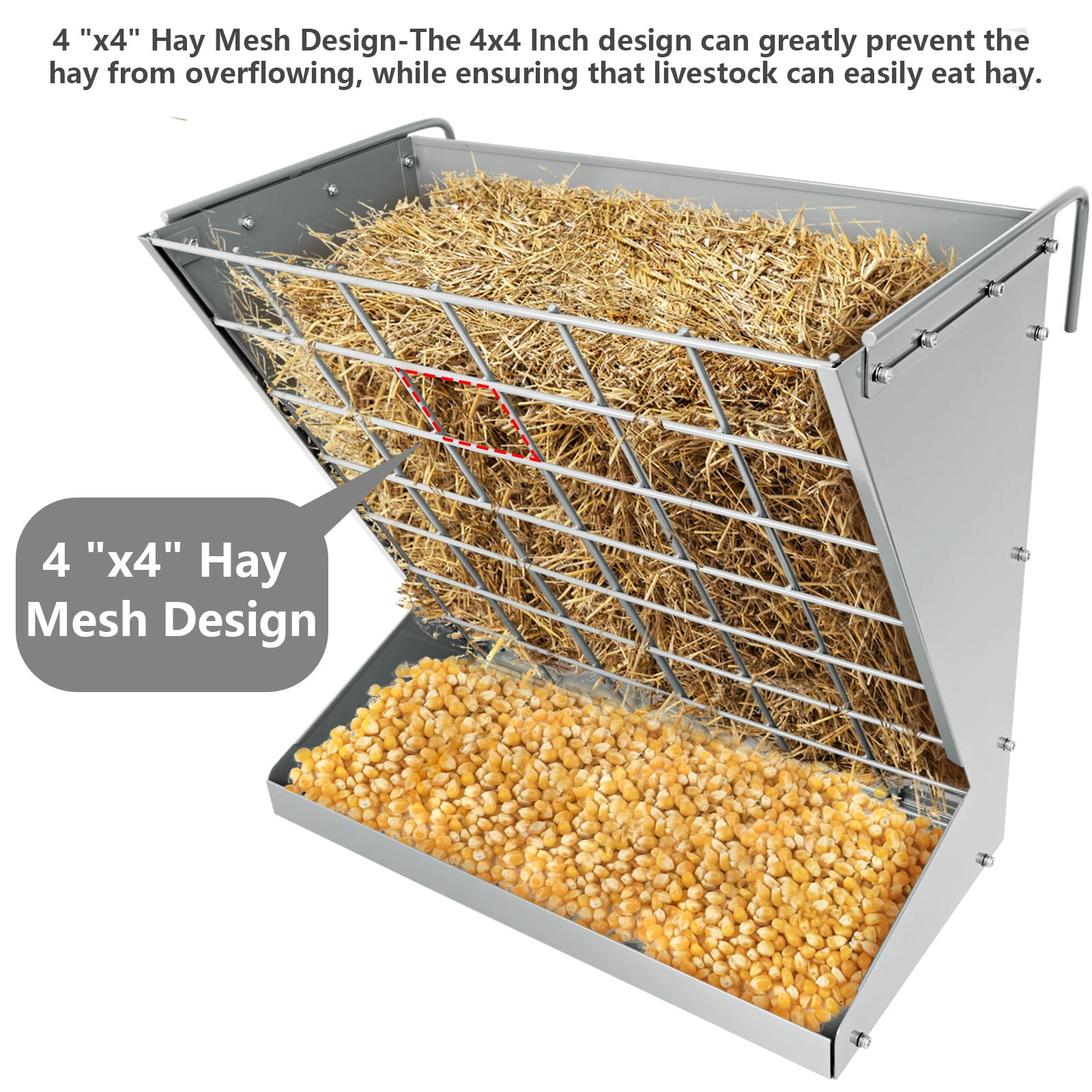 YXJSTO Wall Mount Hay Rack, Heavy-Duty Galvanized Metal 2 in 1 Hay and Grain Feeder, Livestock Feeder with Adjustable Distance,