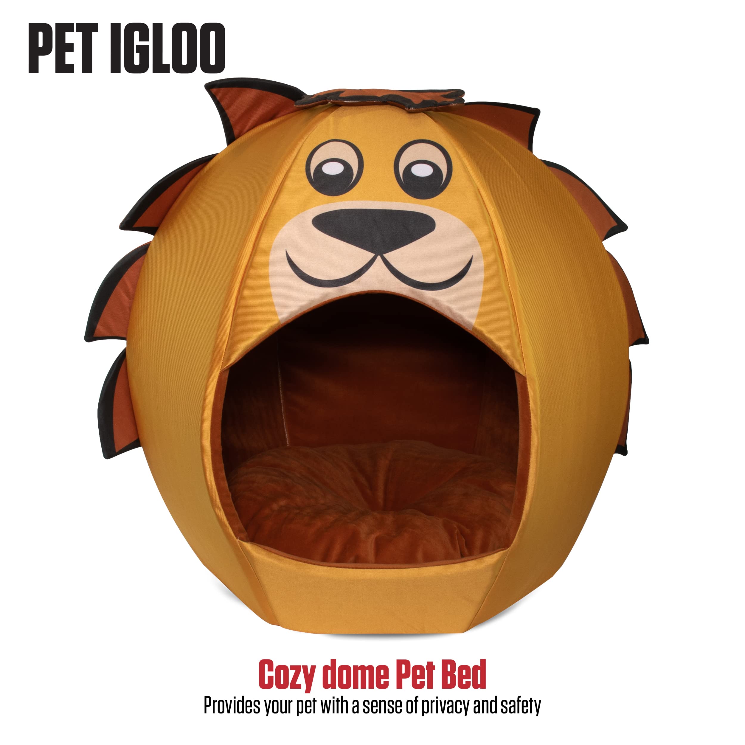 Maccabi Art Lion Theme Dog Bed - Cute Igloo Style Pet Bet - Fits Medium Dogs, Puppies, Cats - Pillow Insert With Plush Lined Int