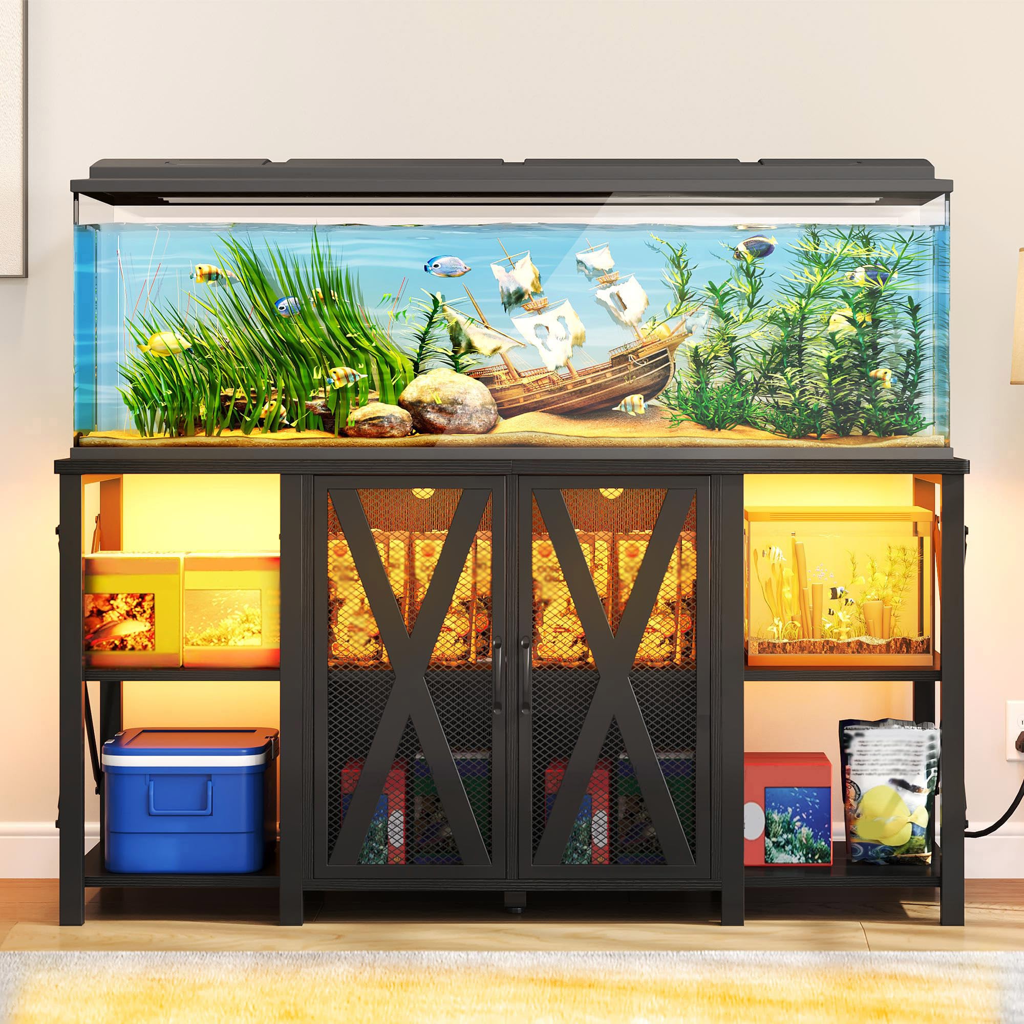 YITAHOME 90-120 Gallon Reptile Tank Stand with Power Outlet & LED Light, Heavy Duty Aquarium Stand w Accessories Storage Cabinet