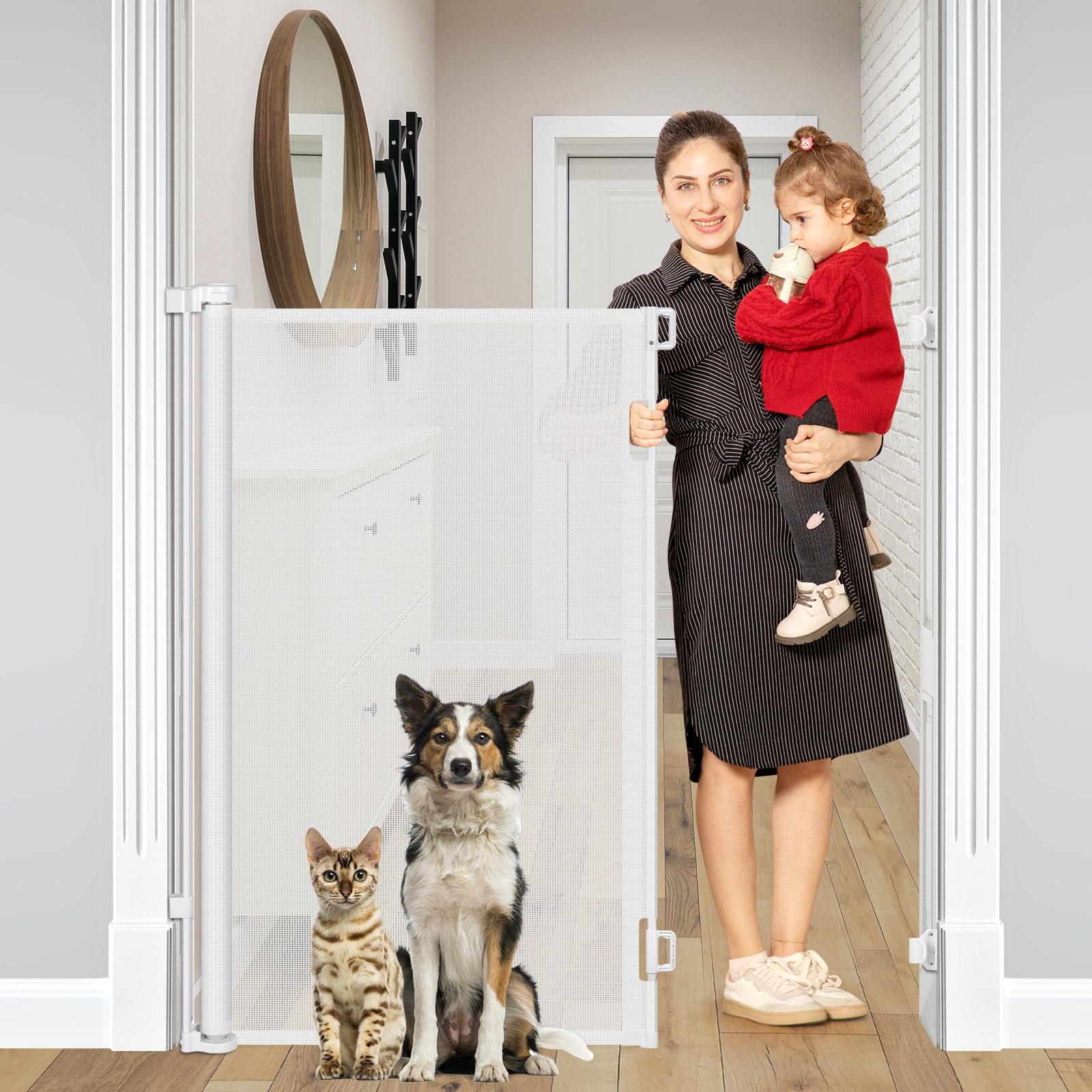 48 Inch Extra Tall Retractable Baby Gates, Extends to 55'' Wide, Extra Tall Dog Gate for Doorways Indoor Tall Mesh Gate Extra Ta