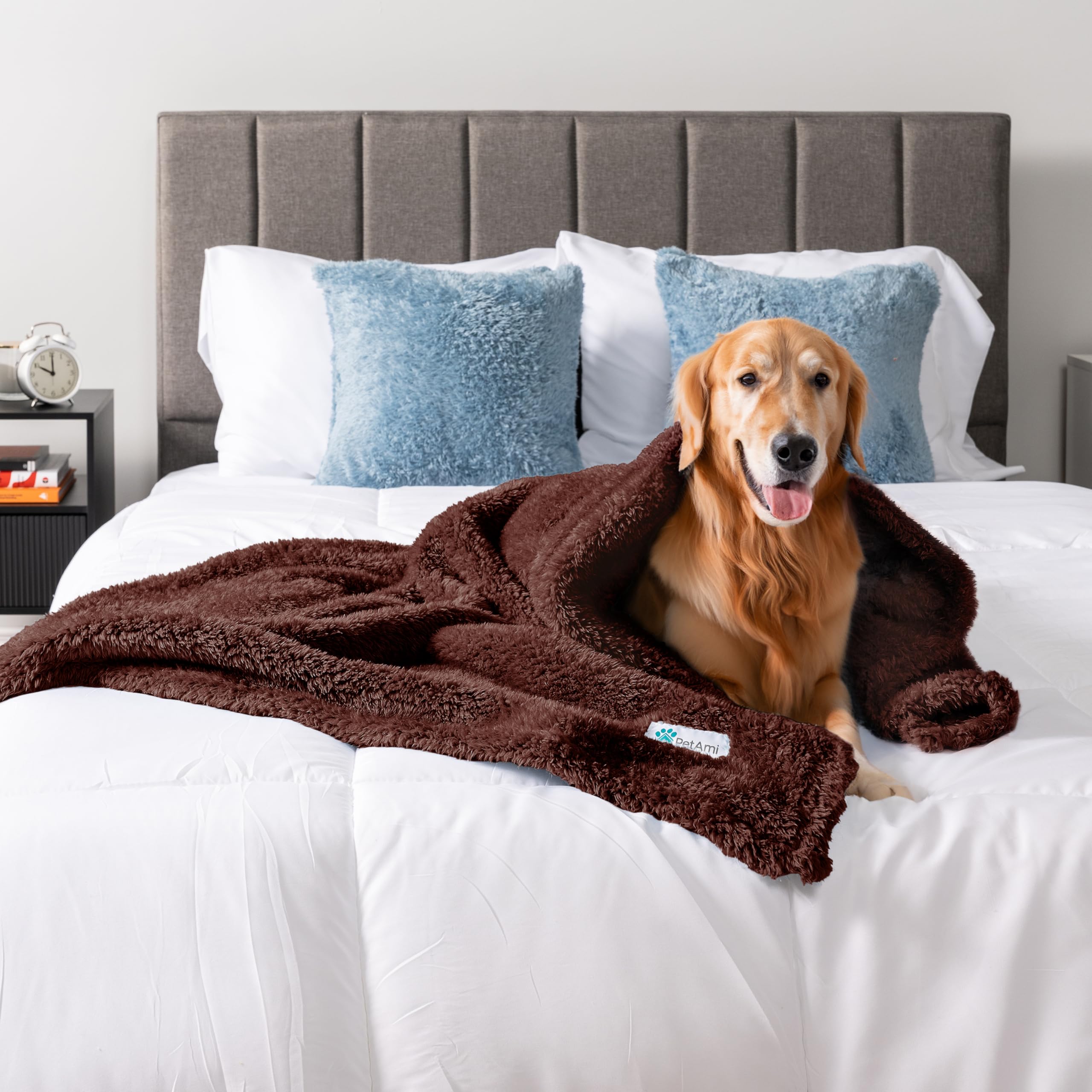 Petami Fluffy Waterproof Dog Blanket For Bed Large Dogs, Soft Warm Pet Sherpa Throw Pee Proof Couch Cover, Reversible Cat Blanket Sofa Crate Kennel Protector, Washable Mat (Brown, 60X80)