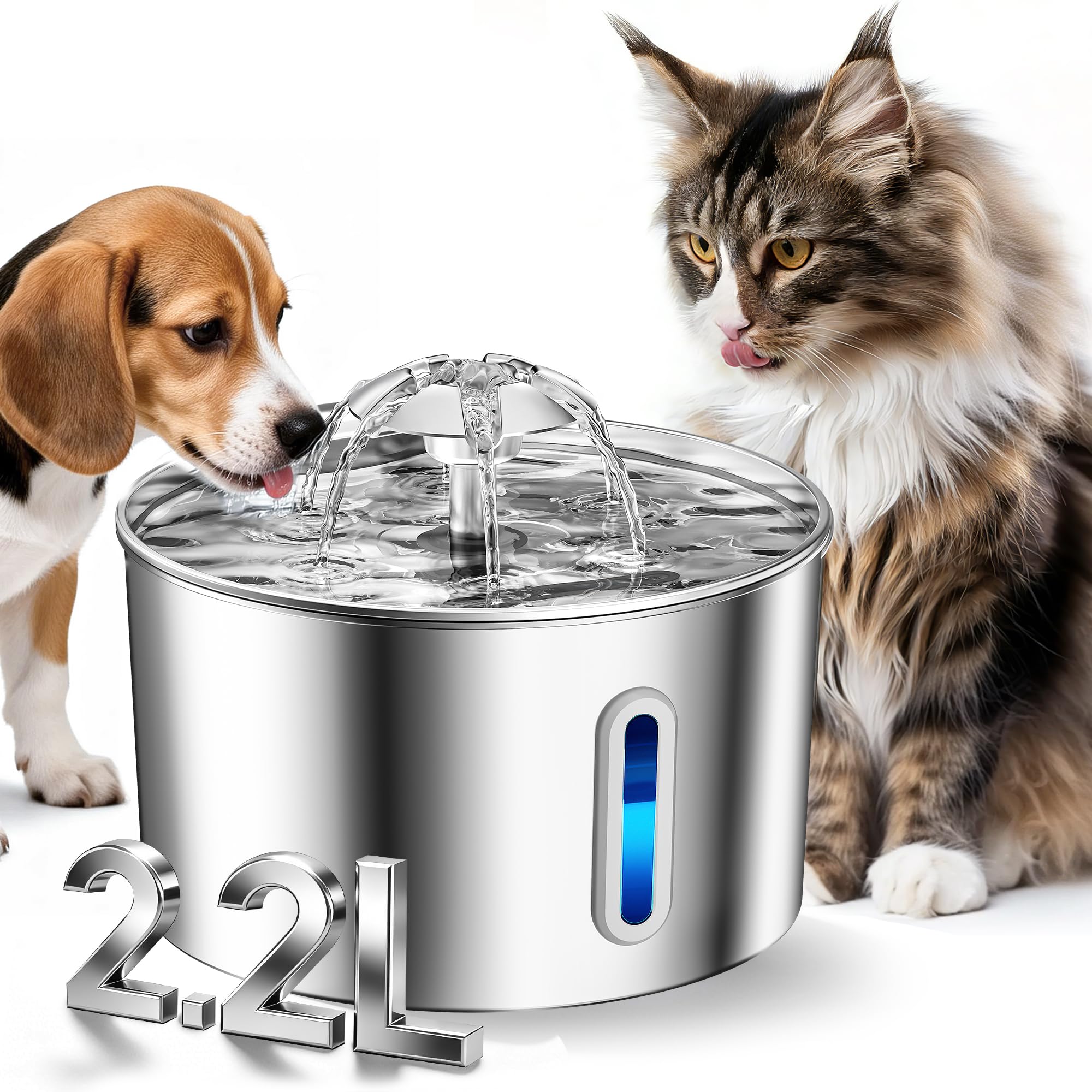 Cat Water Fountain Stainless Steel - 74oz/2.2L Pet Dog Water Dispenser Automatic Silent Cats Dispenser for Drinking Indoor Metal