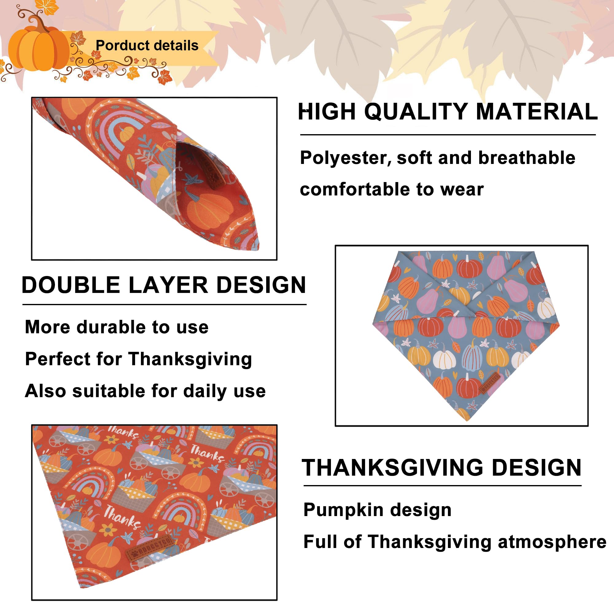 ADOGGYGO Thanksgiving Dog Bandana - Blue Orange Pumpkin Scarf, Adjustable Fit Fall Bandanas for Medium Large Dogs Pets (Large)