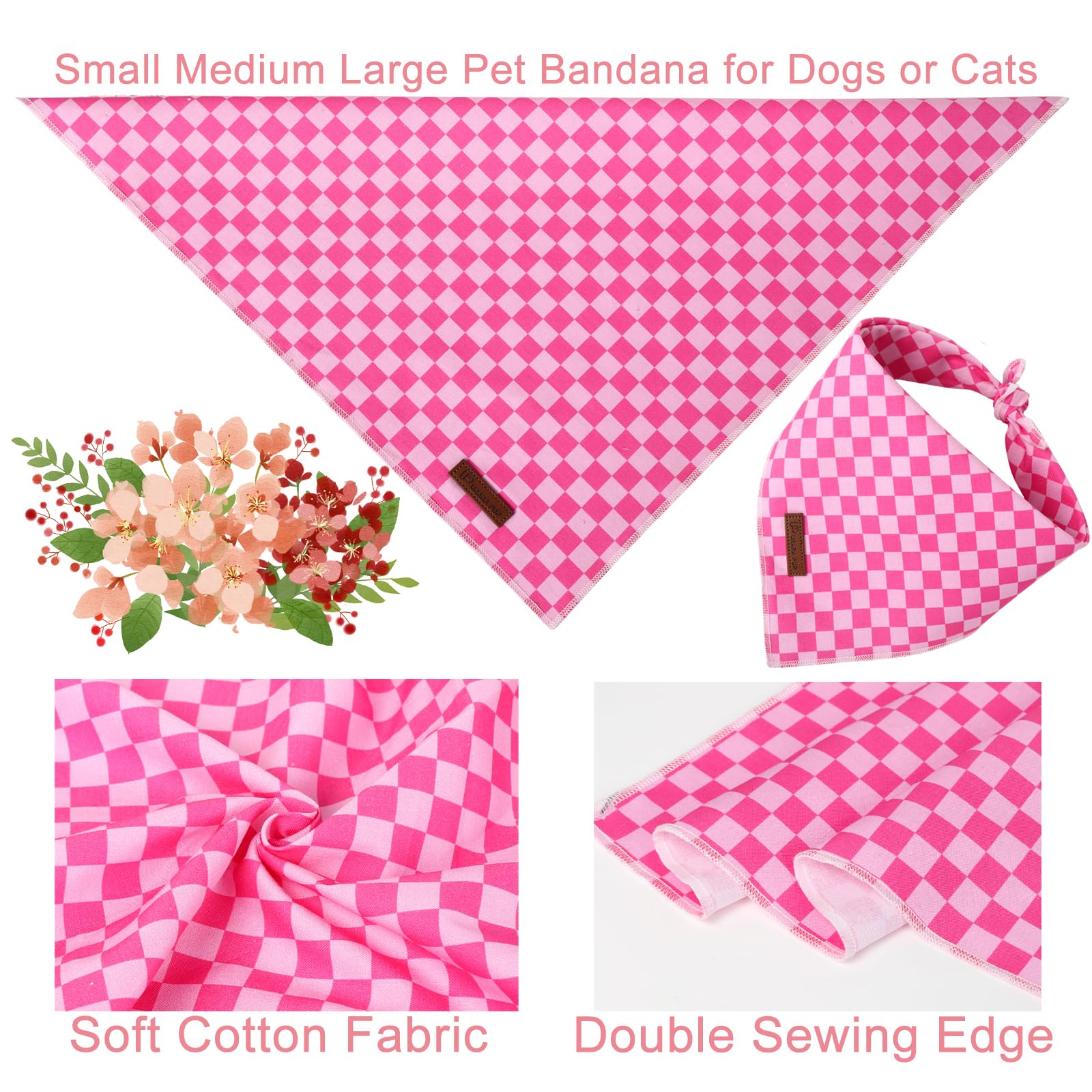 Summer Dog Bandana, UP URARA PUP Pink Bandana for Small Large Dogs, Cotton Handkerchief Fashion Plaid Puppy Triangle Bid Scarf f