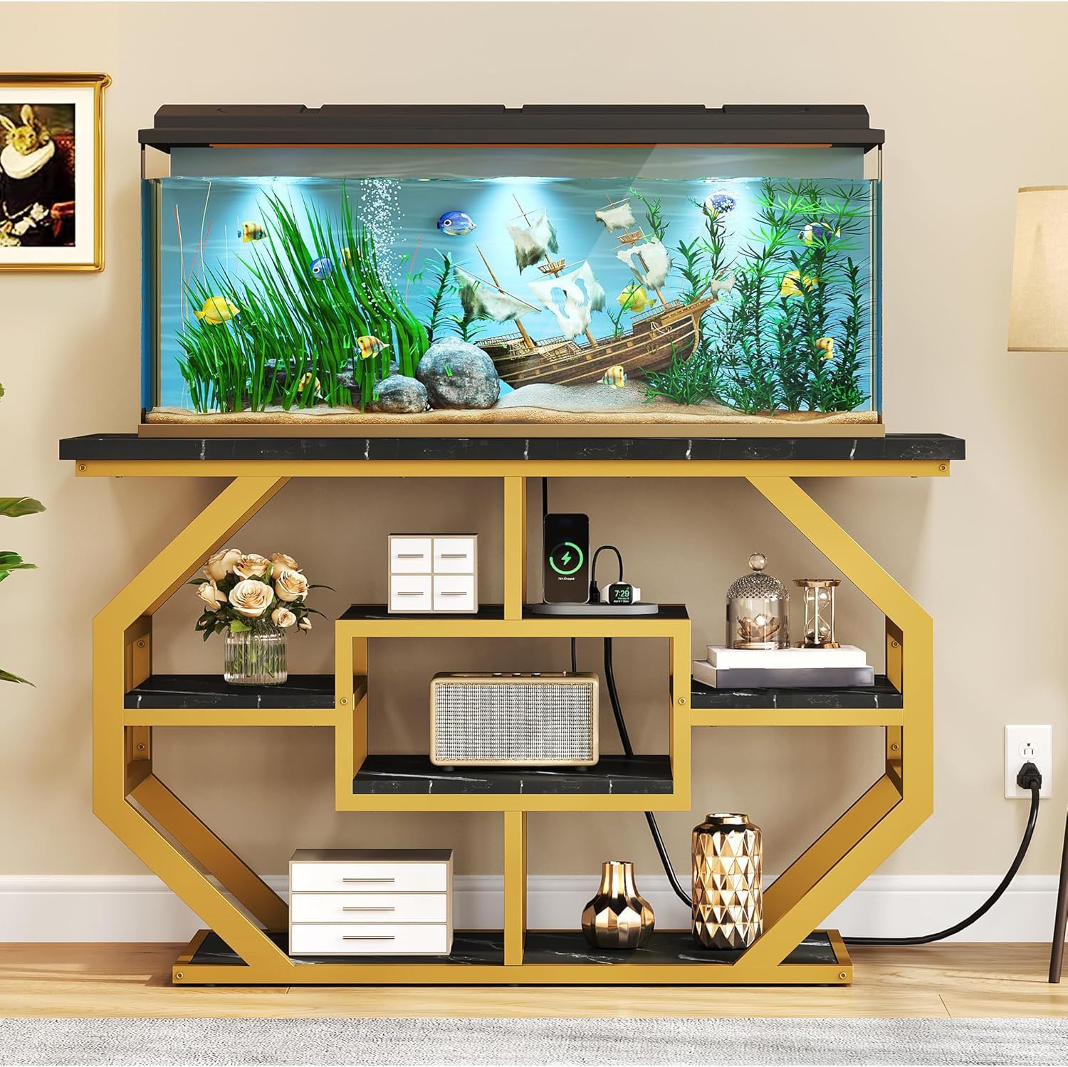YITAHOME Heavy Duty 55-75 Gallon Fish Tank Stand with Power Outlet, Marble Aquarium Stand for Fish, Turtle, Reptile Terrarium, S