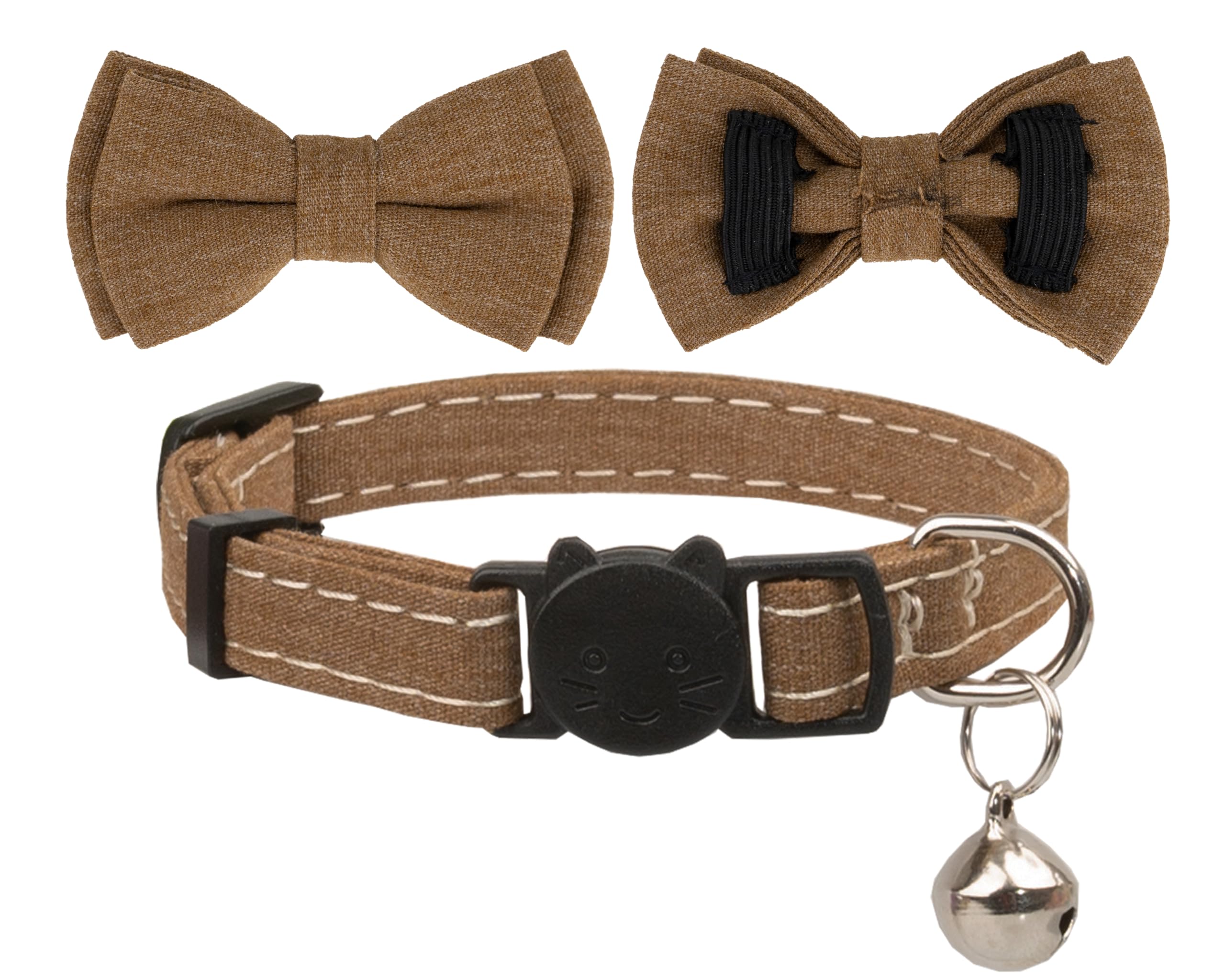 Gyapet Cat Collar Breakaway Bowtie Safety With Bell Adjustbale Kitten Puppy Solid Plaid Color Set D-[2Pcs] Brown