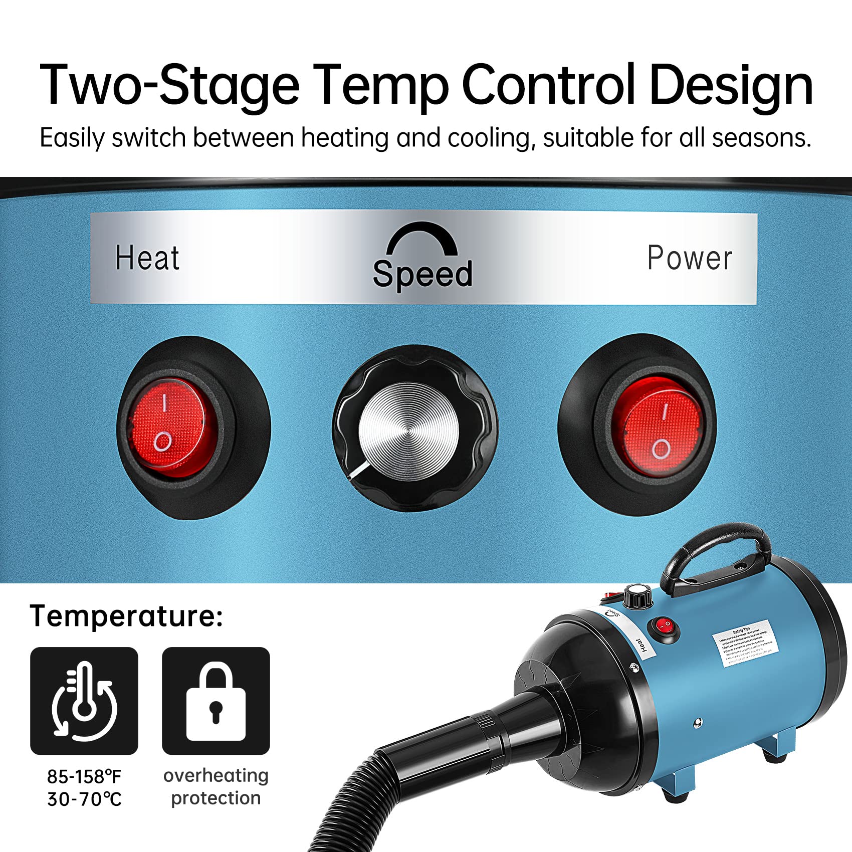 NESTROAD High Velocity Dog Dryer 4.3HP, Stepless Speed Adjustment, Metal, Blue, Ideal for Pet Grooming with 4 Nozzles