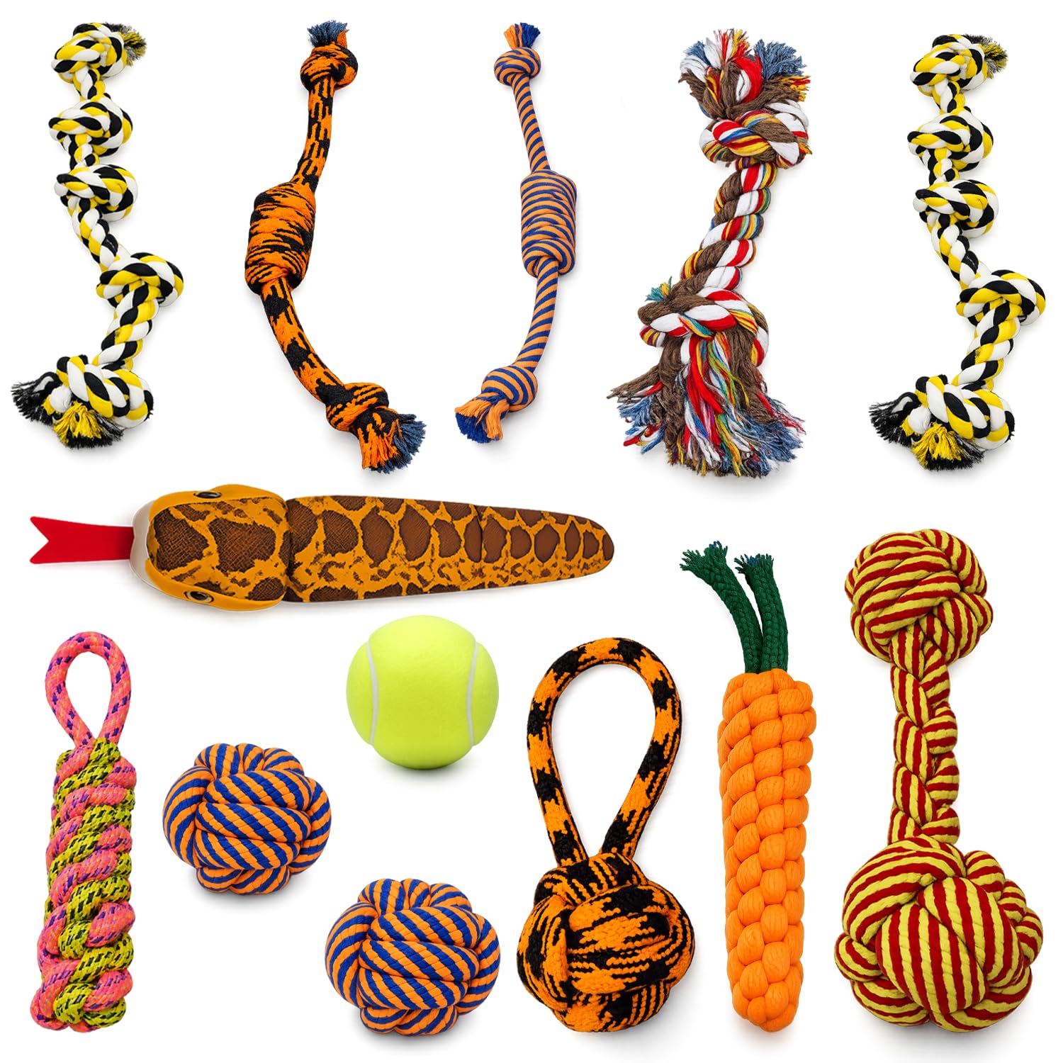 Emily Pets Dog & Puppy Toy Set | Washable Cotton Rope Chew Toys, Interactive Tug Of War, Teething Toys, Rope Balls & Tennis Ball