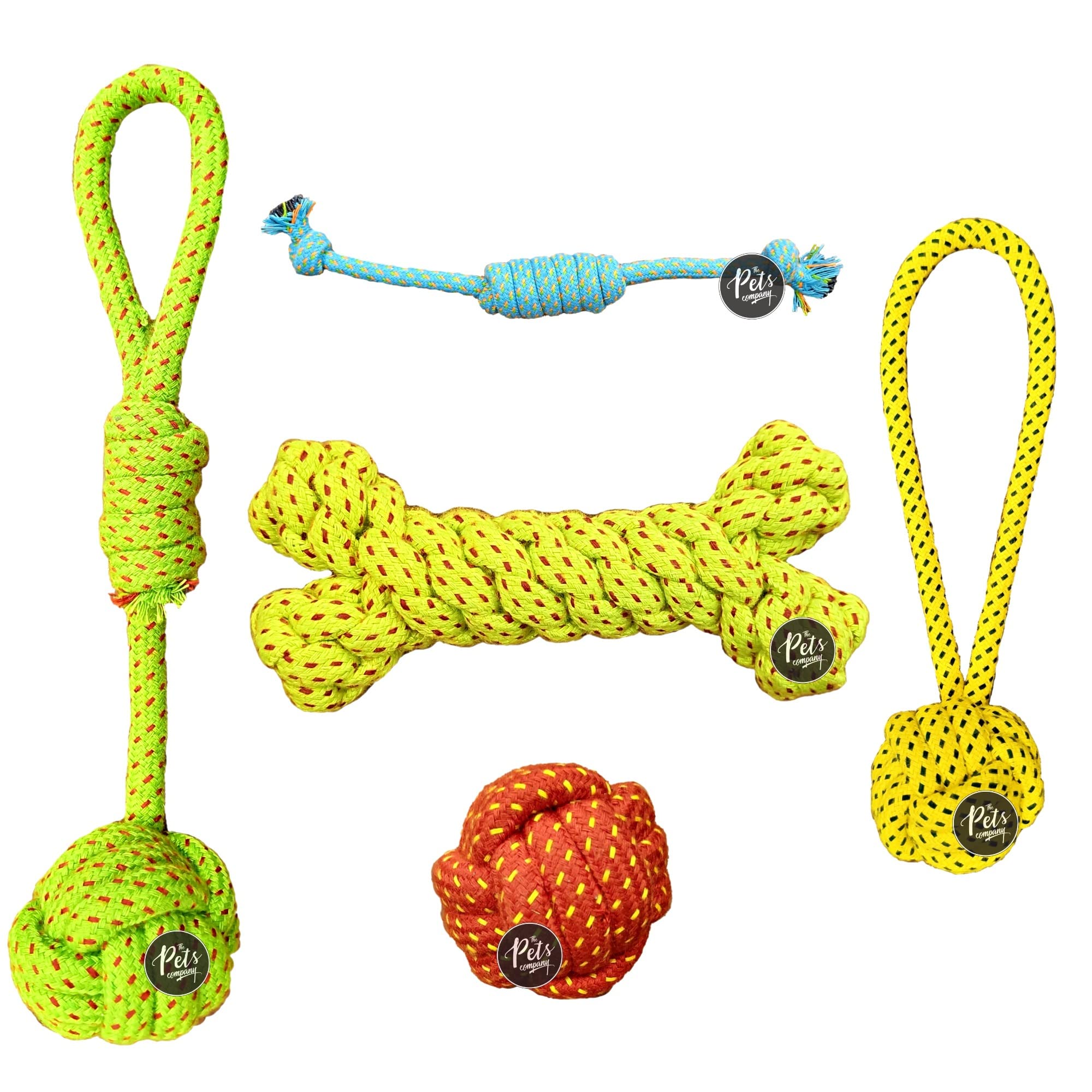 The Pets Company Dog Chew Toys For Puppy Teething & Training (Tug + Single Knot + Ball + Tug N Knot + Dog Bone), Dog Rope Toy Co