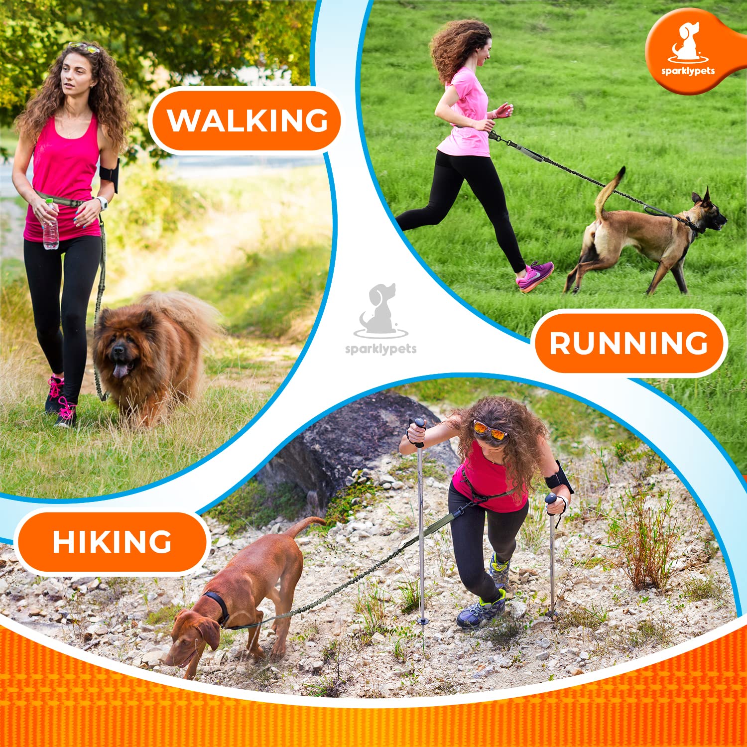 Sparklypets - Hands Free Dog Leash With Reflective Stitches - Waist Leash For Medium & Large Dogs Walking, Hiking, Training, Jog