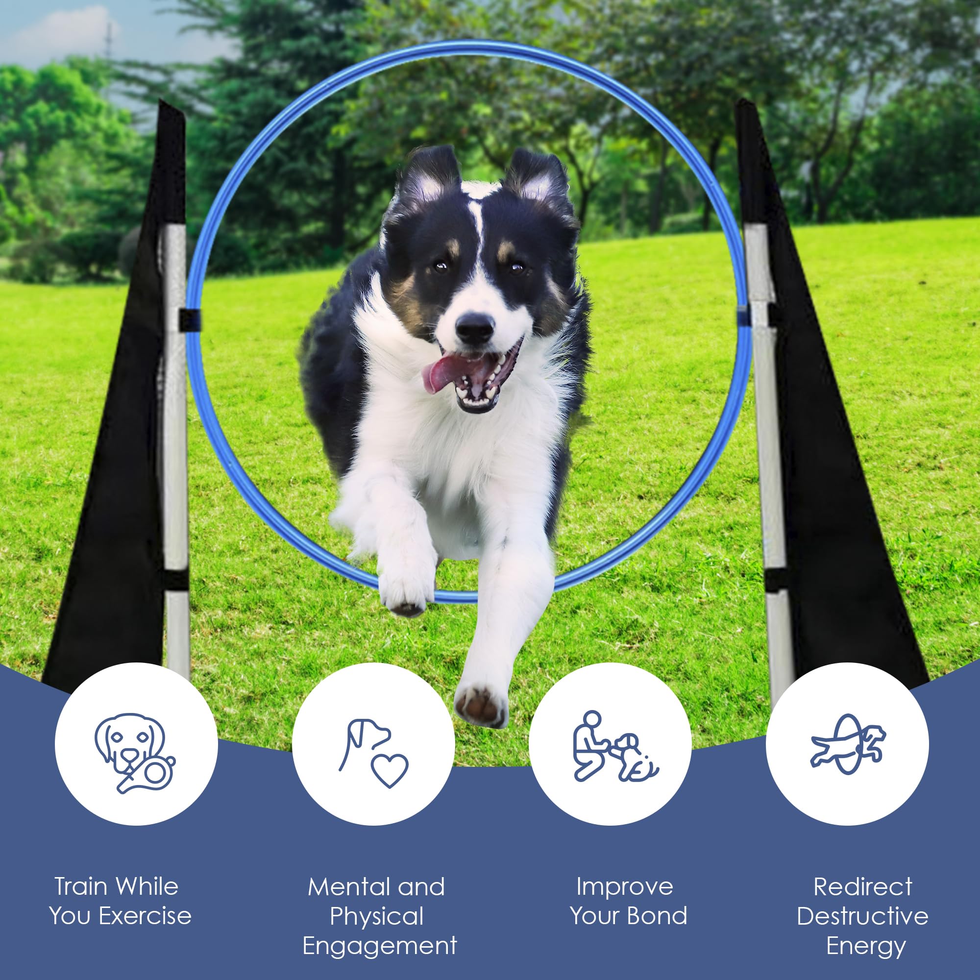 Houseables Dog Agility Course Set - Adjustable Height, Blue/White/Black, Includes Play Tunnel, Weave Poles, Jumps, Model 05PC