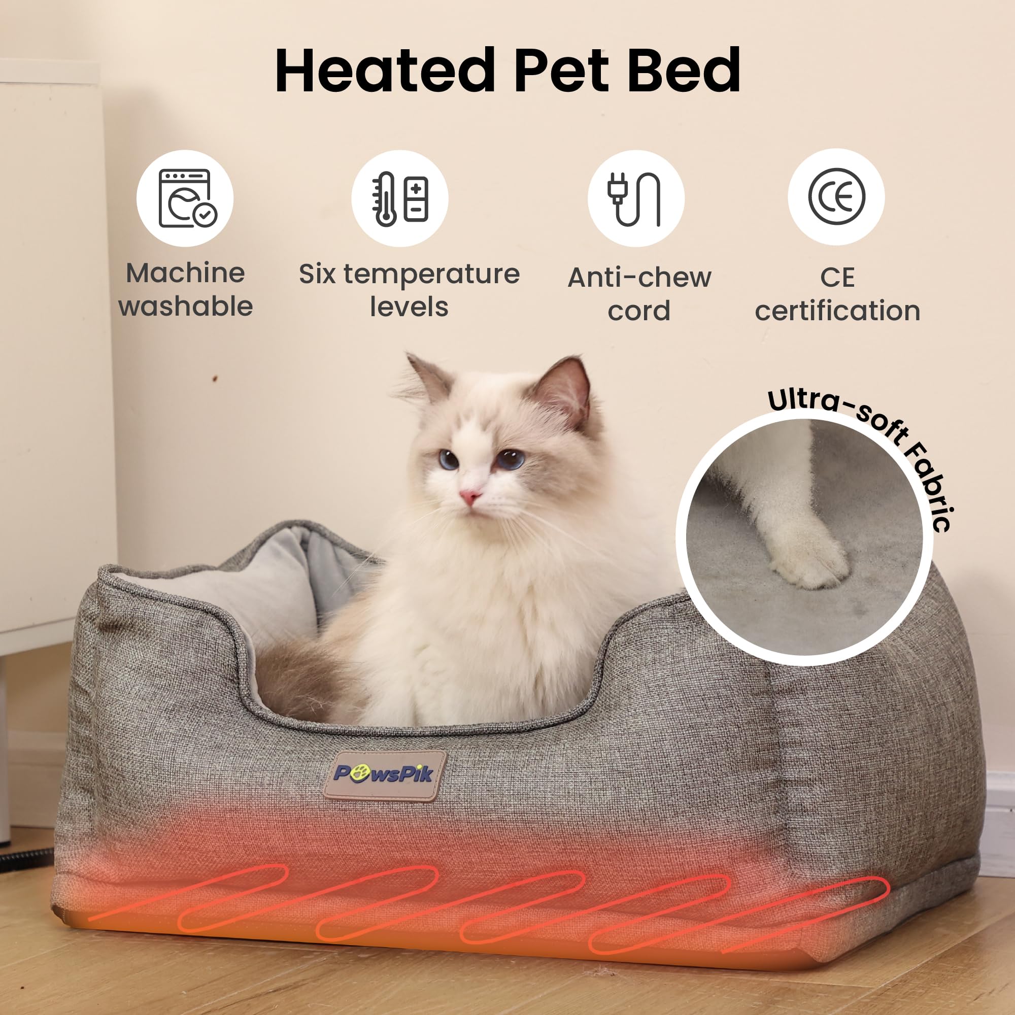 PAWSPIK Heated Cat Bed - Electric Pet Warmer for Indoor Use, One Size, Ash Gray, Sherpa Lined, Model PSPK-HB01