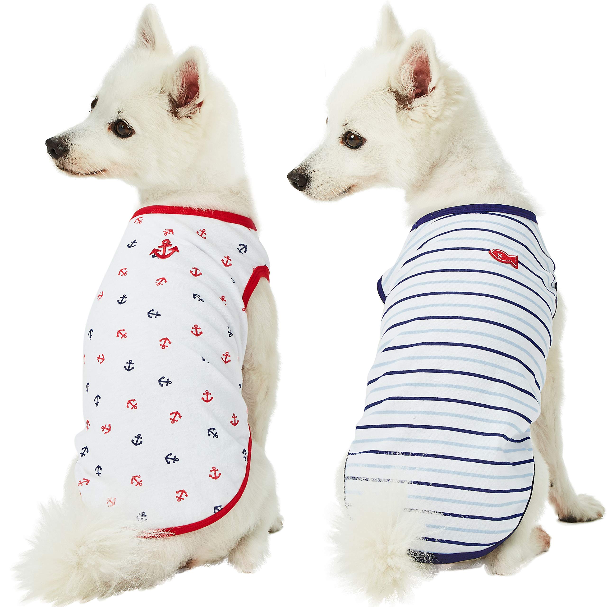 Blueberry Pet Soft & Comfy Summer Vacation Beach Cotton Dog T-Shirts, 2 Pack, Sea Lover Navy Sailor Shirts Tank Top Clothes, Bac