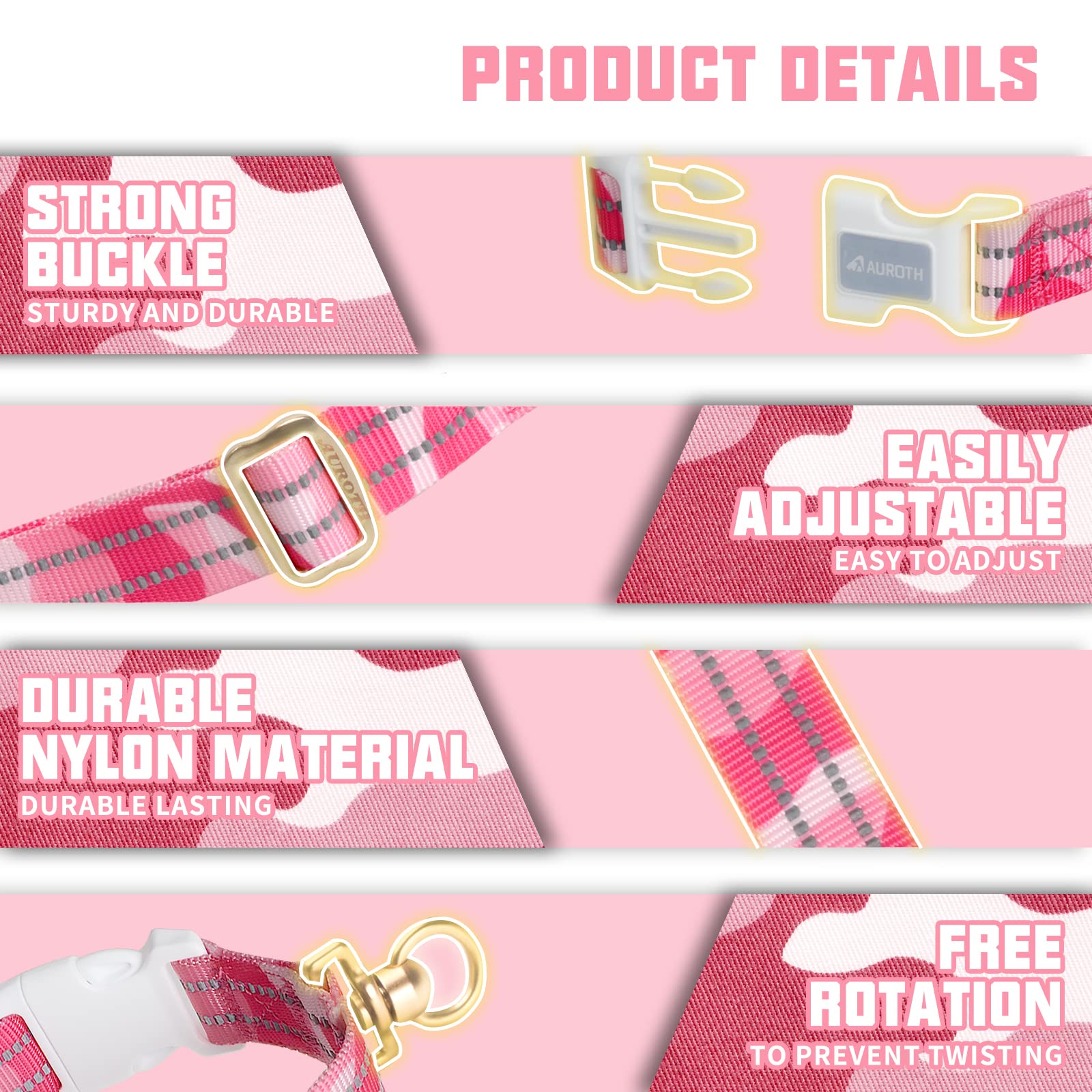 Auroth Dog Collar For Medium Large Dogs, Reflective Dog Collar, Soft Nylon Adjustable Dog Collars With Heavy Duty Metal D Ring Tangle Free (Large:15.7'-27.1', Pink Camo)