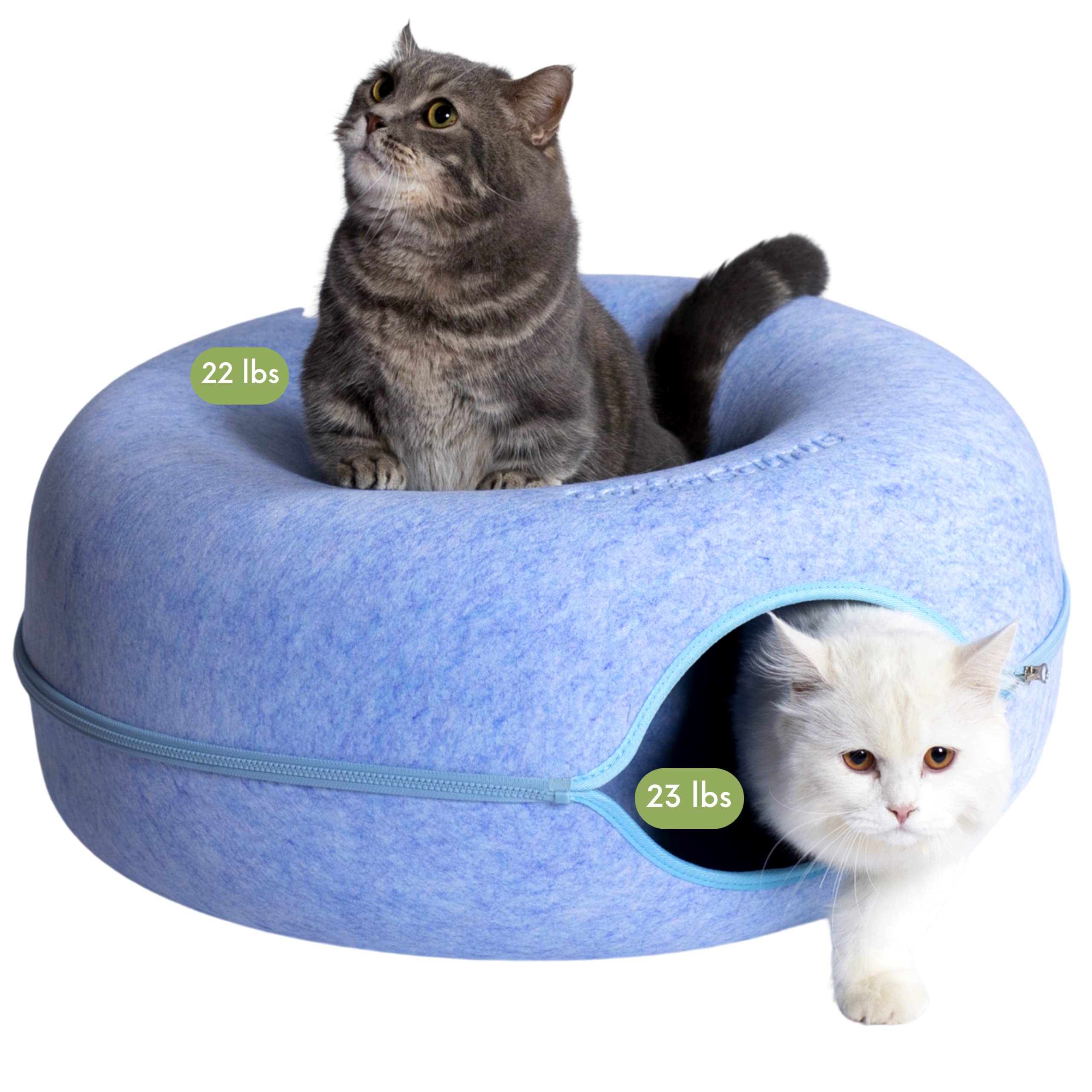 Cattasaurus Peekaboo Cat Cave For Multiple & Large Cats Up To 30-45 Lbs, Scratch Detachable & Washable Tunnel Bed, Comfy Donut Cat Cave (Blue, Large)