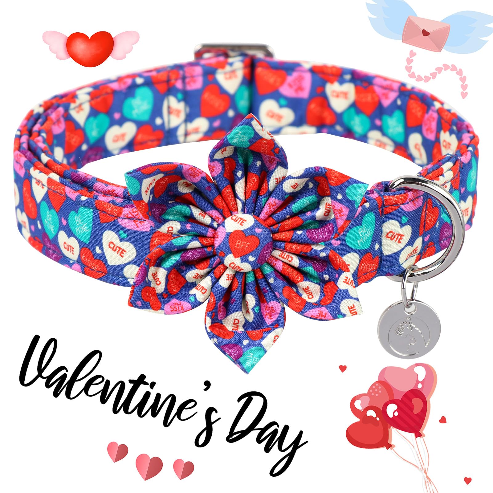 Dogwong Valentine'S Day Dog Collar With Flower, Blue Heart Bowtie, Adjustable Pink Heart Collar For Small Medium Dogs