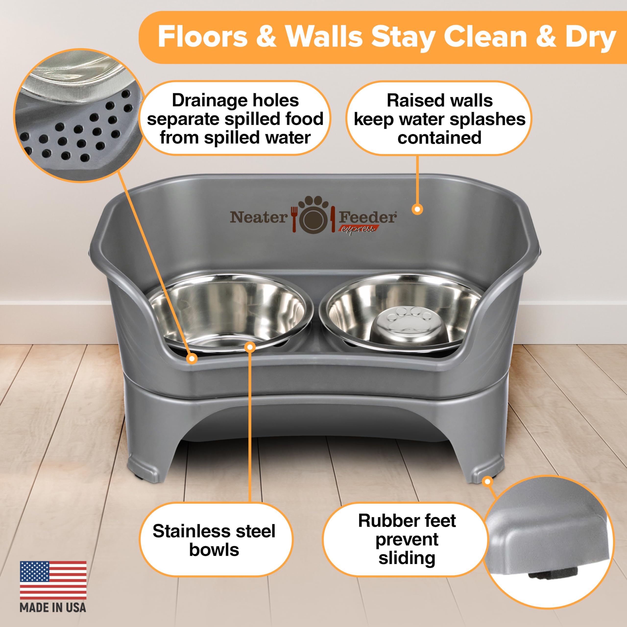 Neater Feeder - Express Model W/ Slow Feed Bowl - Mess-Proof Dog Bowls (M/L, Grey) Made In Usa - Elevated, No Spill, Non-Tip, No