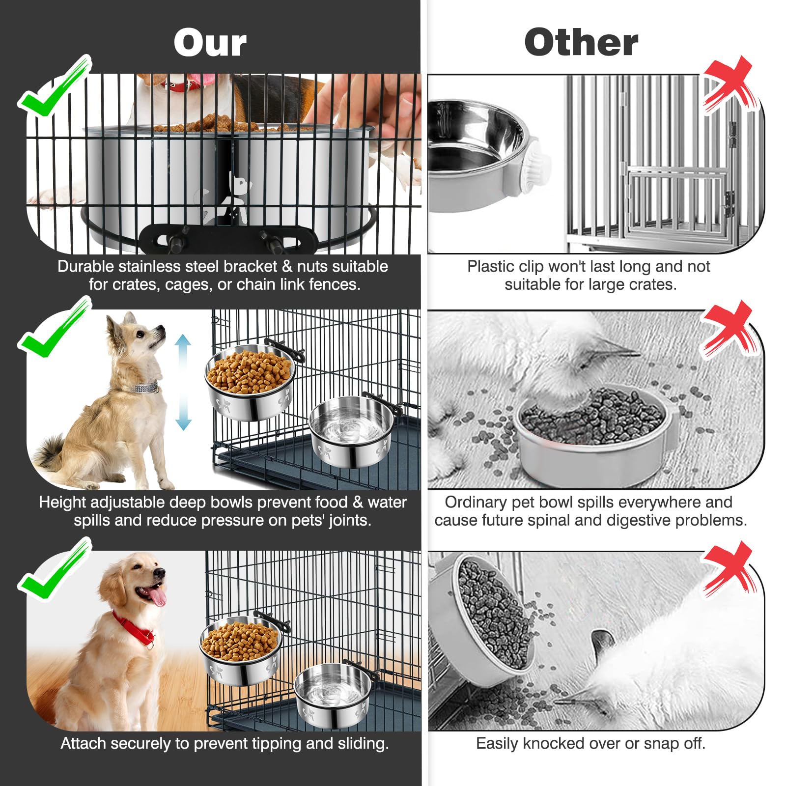 Dog Crate Water Bowl No Spill, Dog Crate Bowls Hanging 2 Pack, Kennel Water Bowl Mountable, Stainless Steel Coop Cup, Pet Cage A