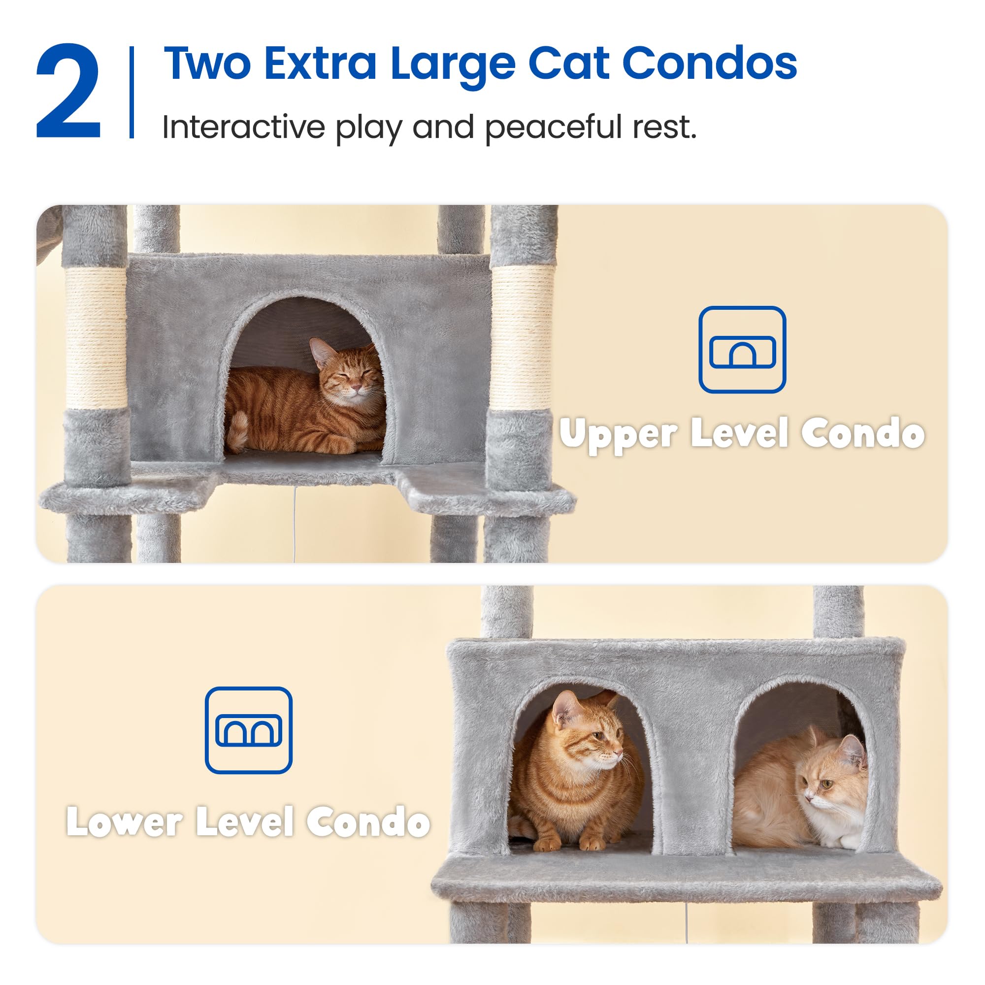 MWPO Extra Large Cat Tree, 77.6-Inch Tall, Light Grey, Engineered Wood, 2 Condos, 3 Hammocks, Model US-B871B