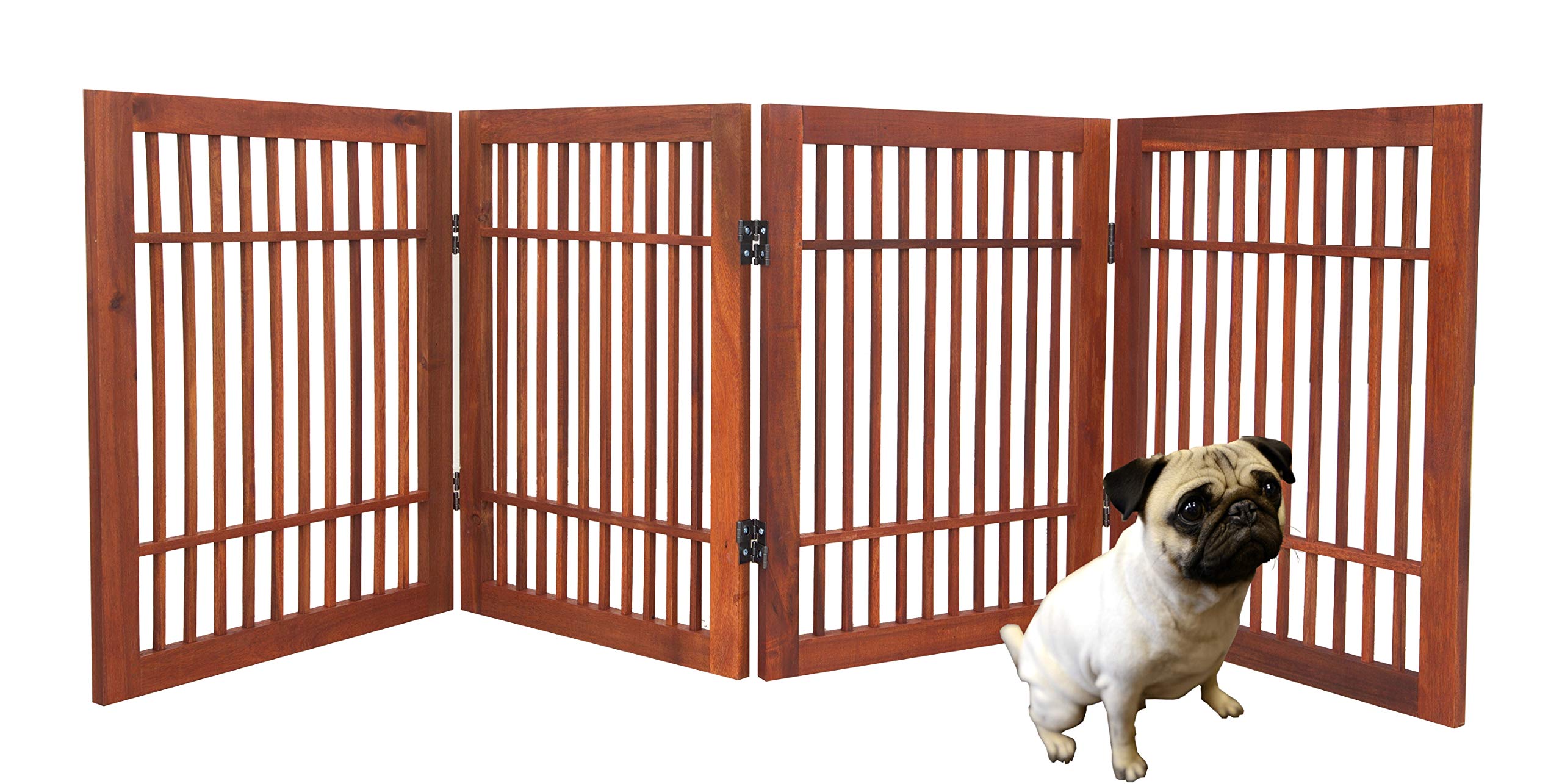 Pet Dog Gate For Doorways Strong And Durable Freestanding Expandable Folding Acacia Wood Hardwood Portable Wooden Fence Indoors Or Outdoors By Urnporium (Brown Pet Gate, 4 Panel 24' Tall)
