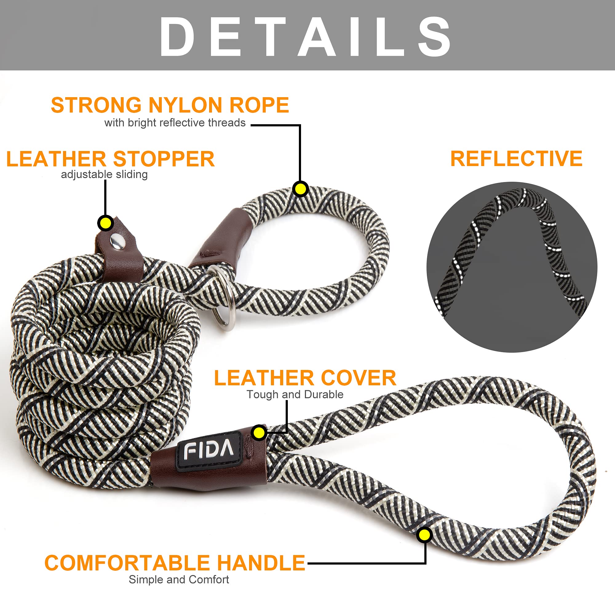 Fida Durable Slip Lead Dog Leash Bulk Pack Of 5, Heavy Duty 1/2' X 6 Ft Comfortable Strong Rope Slip Leash For Large, Medium & Small Dogs No Pulling Pet Training Leash With Highly Reflective (Grey)