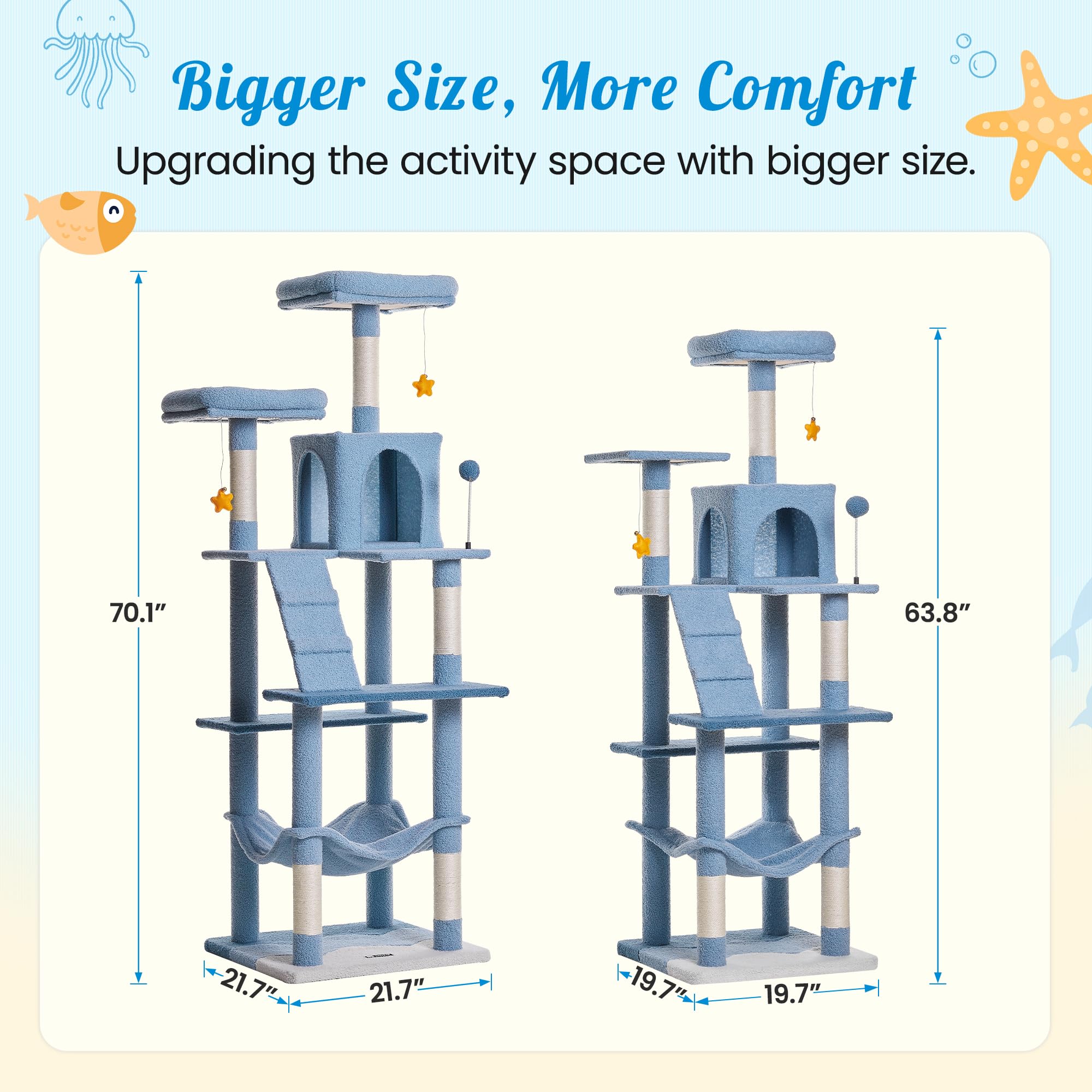MWPO Ocean Cat Tree, 70.1-Inch Multi-Level Tower, Blue, Plush Condo with Big Perches & Scratching Posts, Model US-130MAX-K