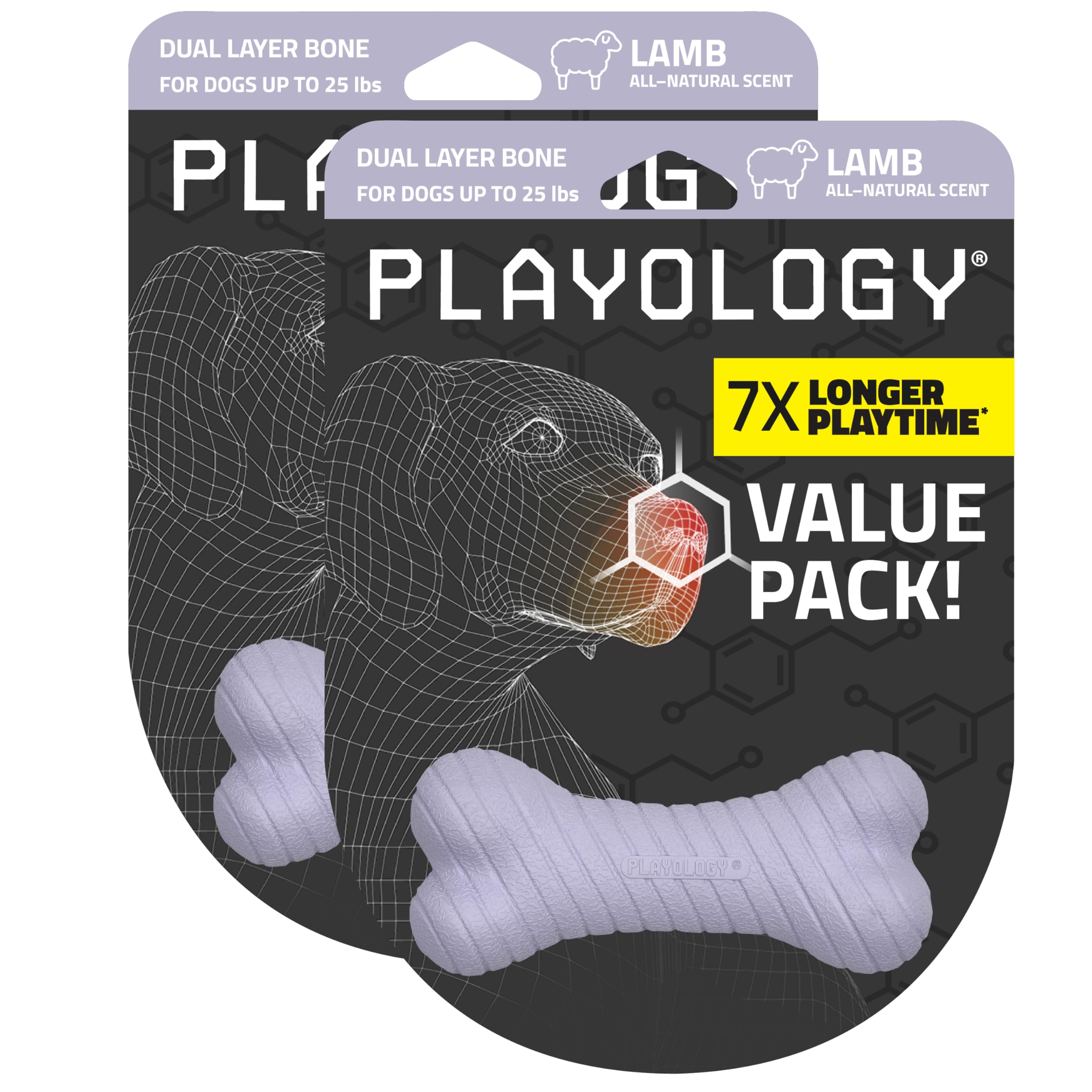 Playology Dog Toys | Dual Layer Bone Durable Chew Toy Bone for Dogs (Value 2-Pack) | Small Lamb Scented Toy - Easy to Clean and 