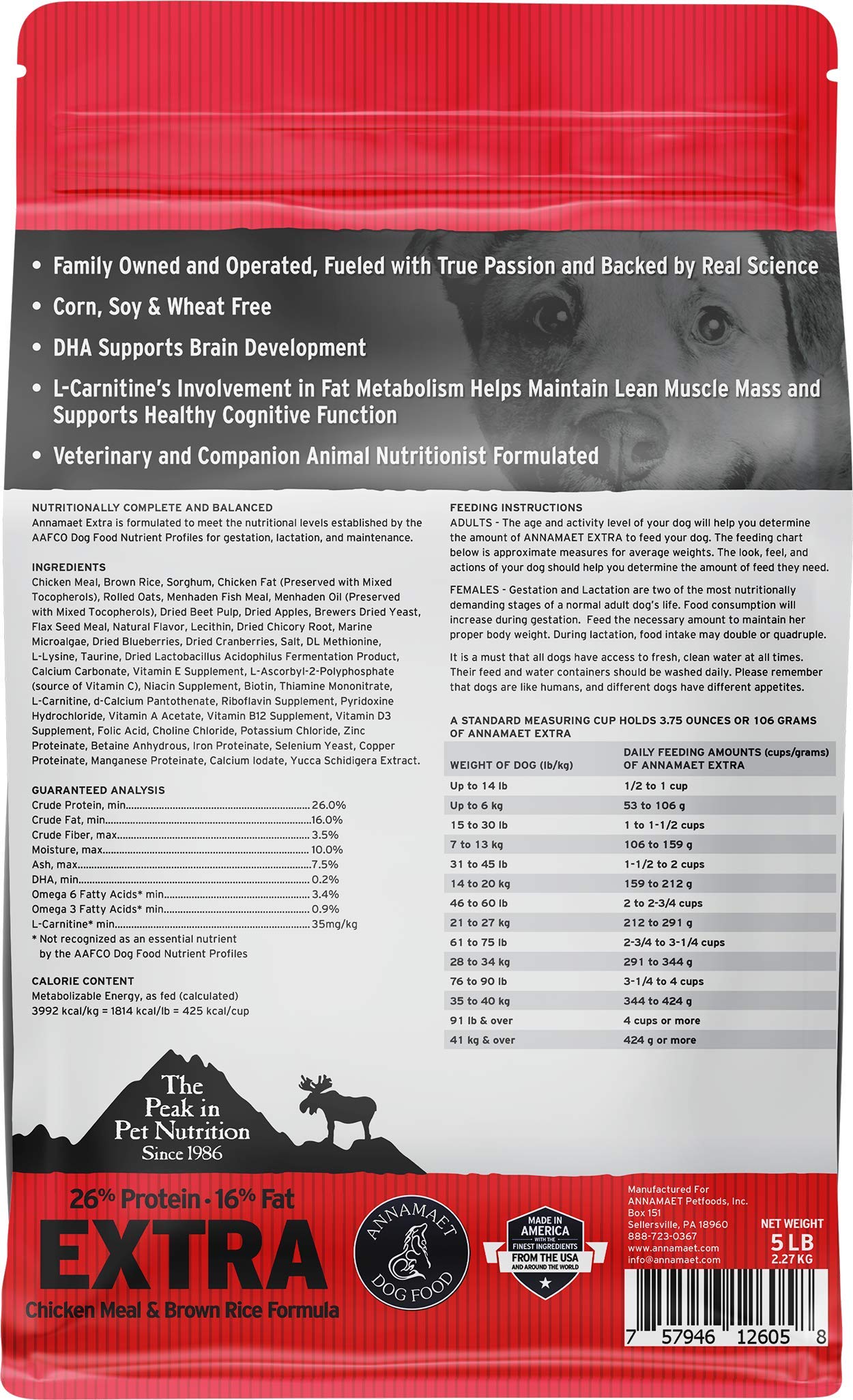 Annamaet Original Extra Formula Dry Dog Food, 26% Protein (Chicken & Brown Rice), 5-lb Bag