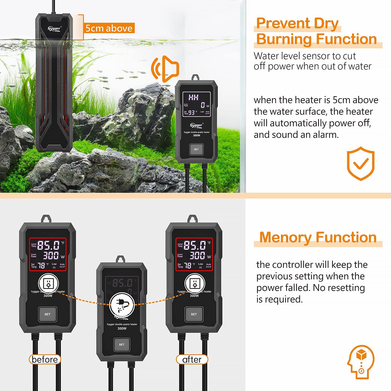 Hygger Aquarium Heater 300W/500W/800W/1000W, Submersible Fish Tank Heater With Digital Led Controller And Intelligent Leaving Water Automatically Stop Heating System, For Freshwater And Saltwater