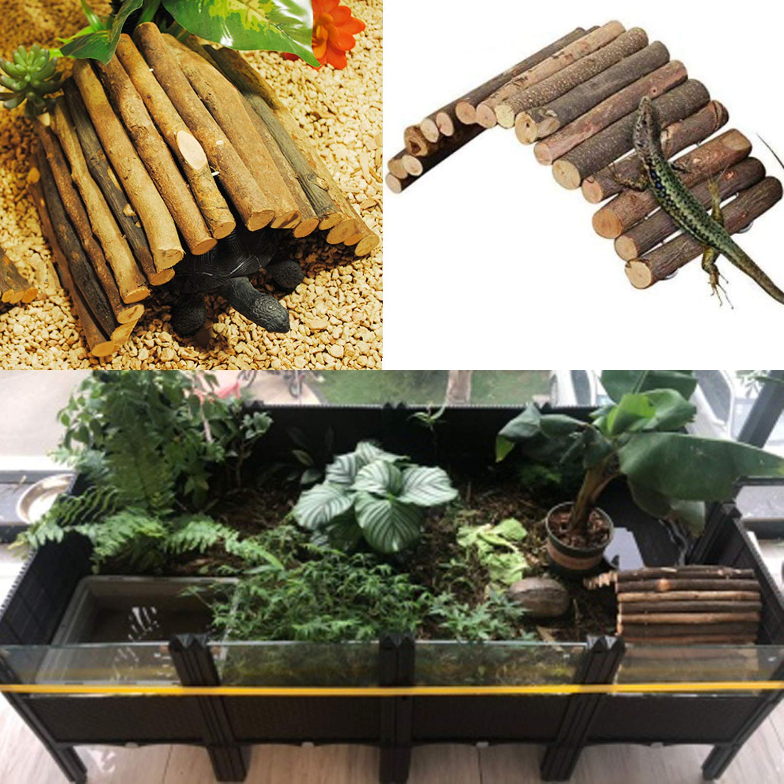 Hamiledyi Wooden Reptile Hideout Bearded Dragon Bendy Bridge Climbing Ladder Hiding Hut Reptiles Hide Cave Habitat Decor For Lizards Gecko Spiders Snakes Tortoise(L:20' X 11.8')