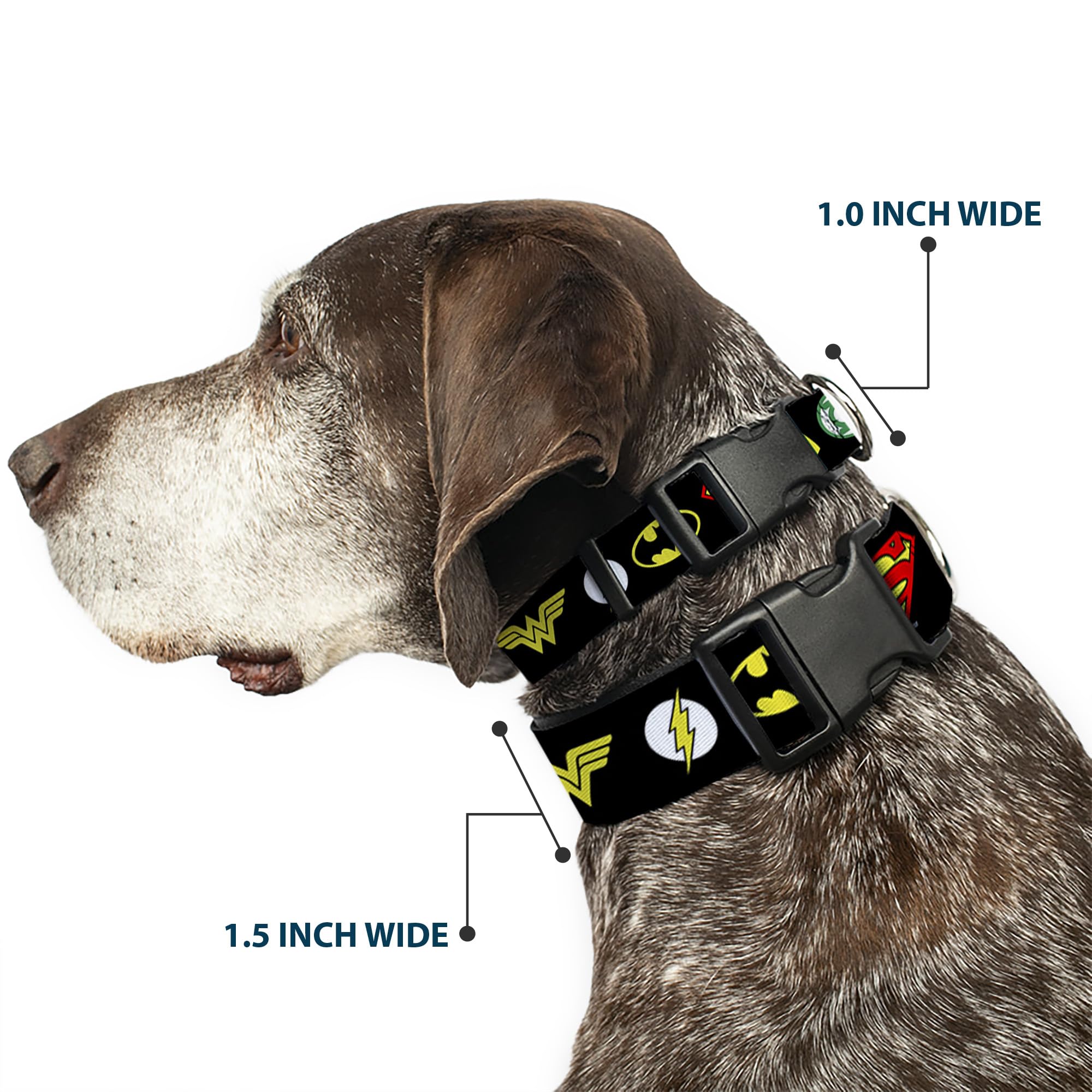 Dog Collar Plastic Clip Justice League 6 Superhero Logos Black 13 to 18 Inches 1.5 Inch Wide