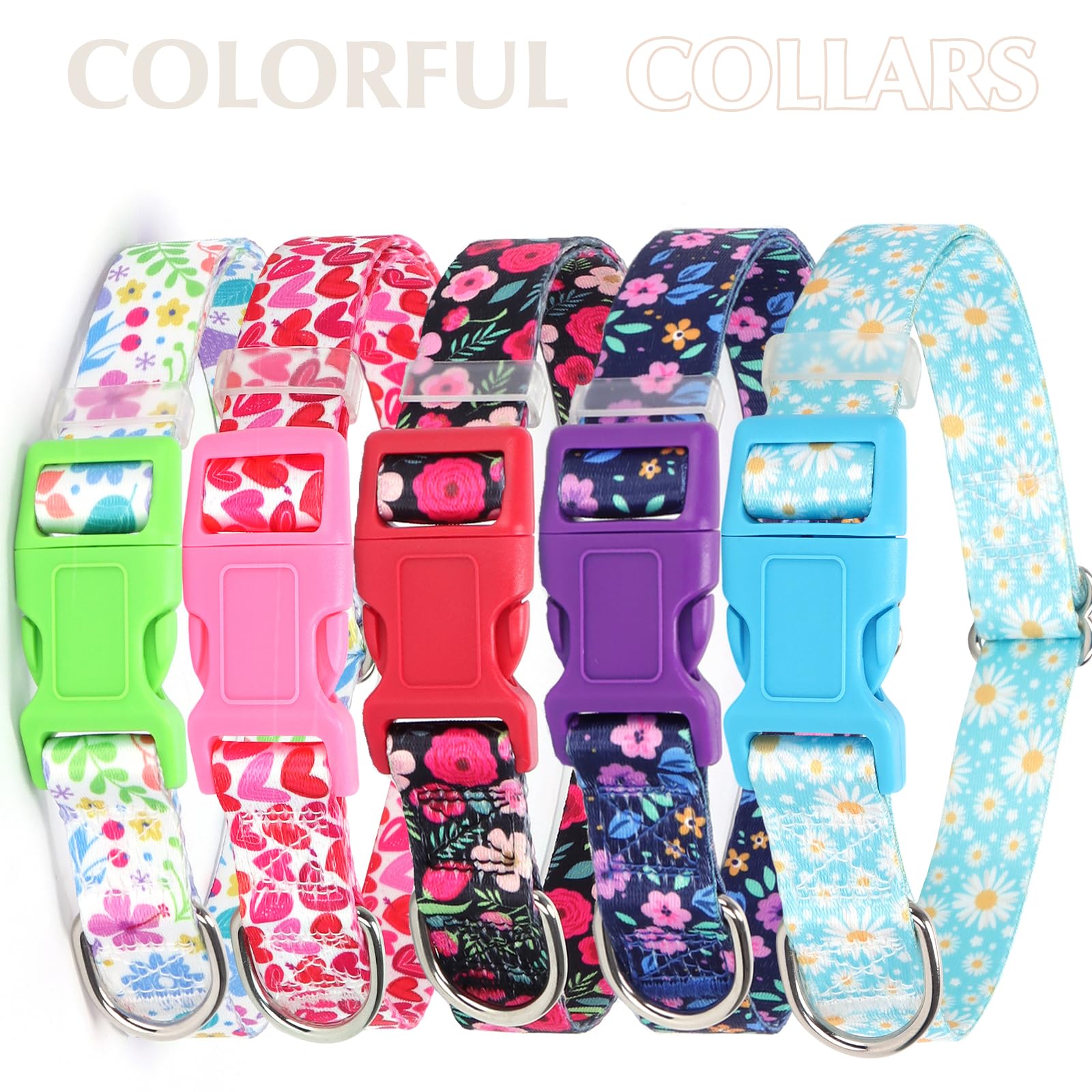 Dog Collar For Medium Dogs, Summer Floral Dog Collar With Green Flowers Patterns, Adjustable Soft Pet Collar For Small Medium La